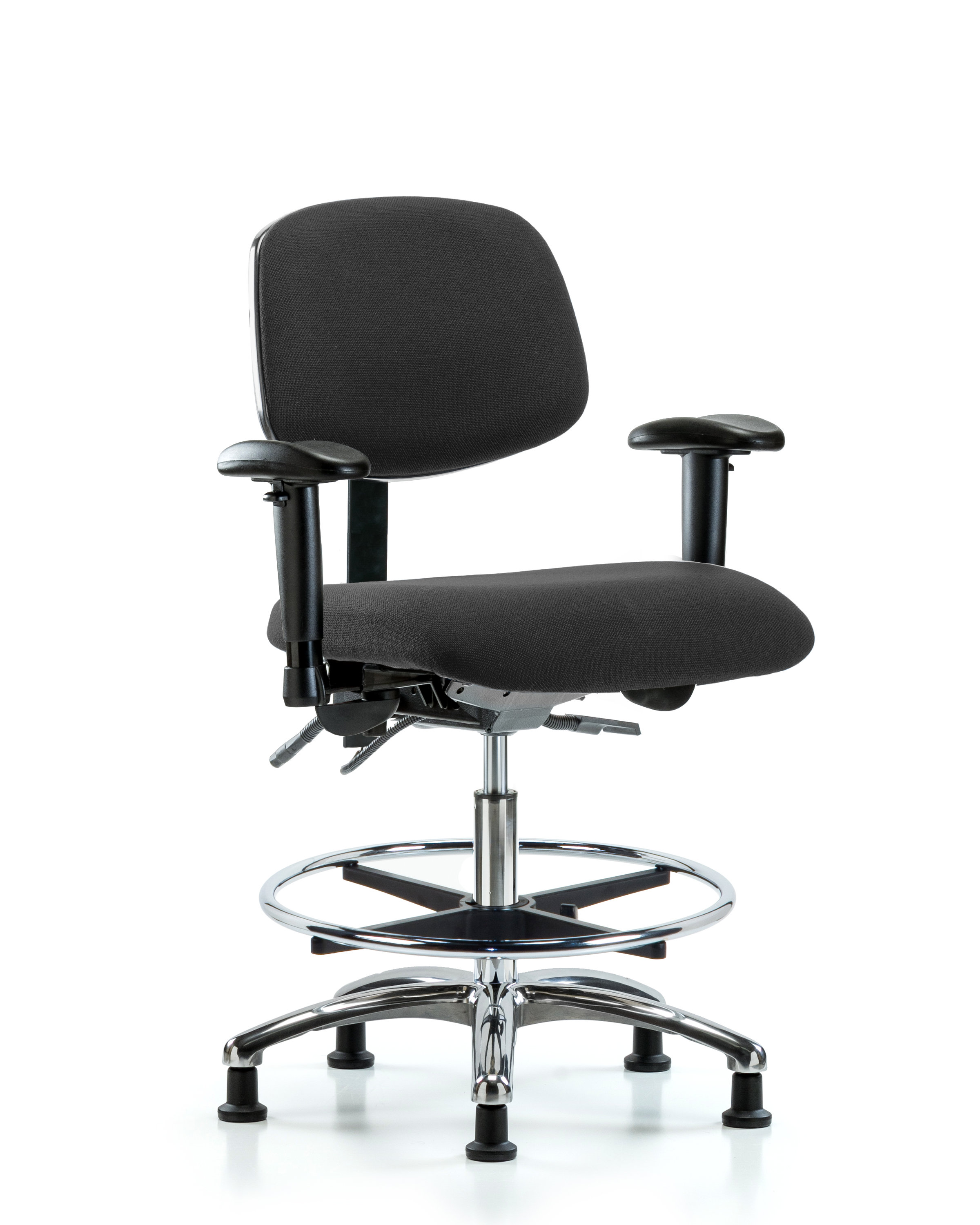 Fabric ESD Chair - Medium Bench Height with Seat Tilt, Adjustable Arms, Chrome Foot Ring, & ESD Stationary Glides in ESD Black Fabric