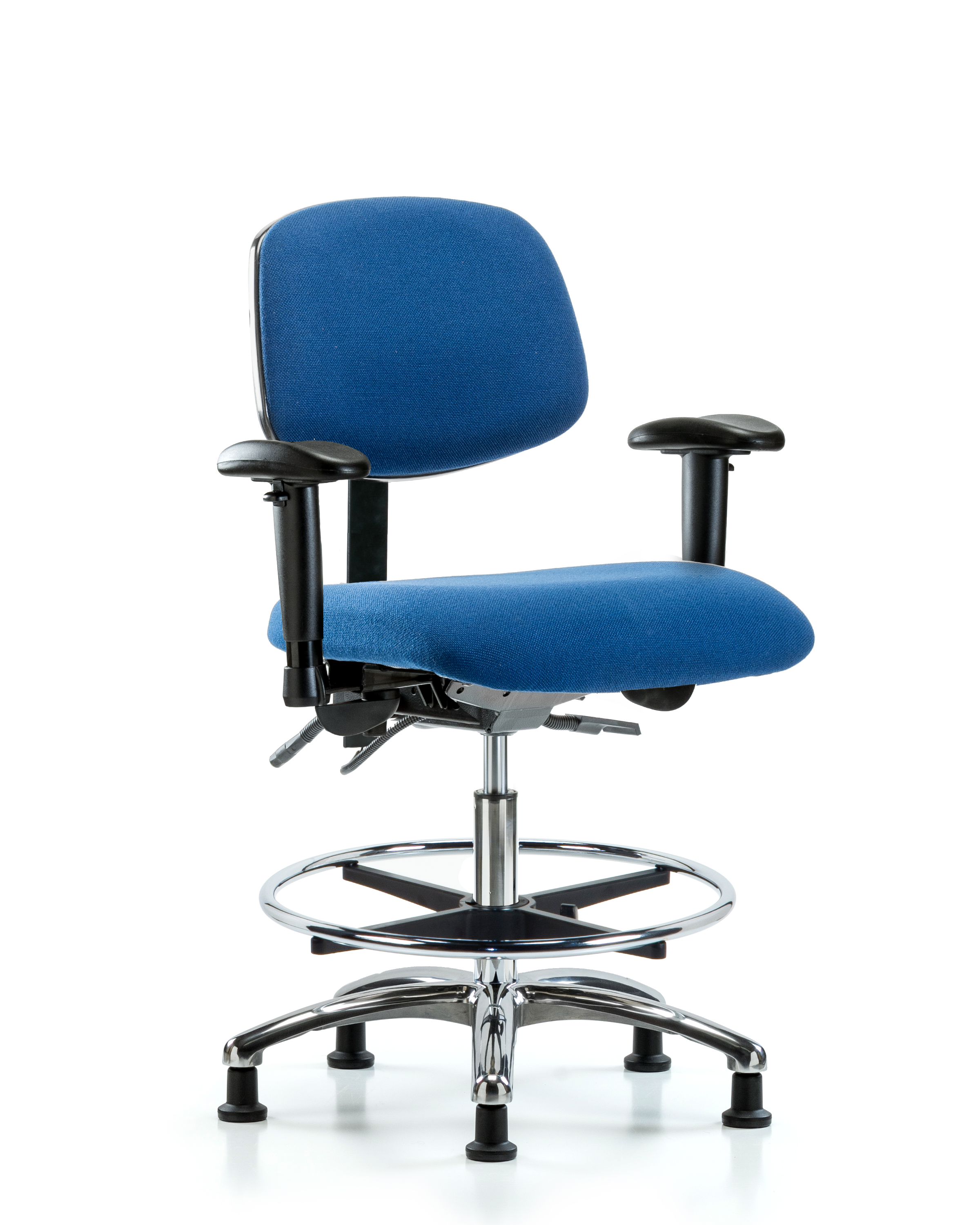 Fabric ESD Chair - Medium Bench Height with Seat Tilt, Adjustable Arms, Chrome Foot Ring, & ESD Stationary Glides in ESD Black Fabric