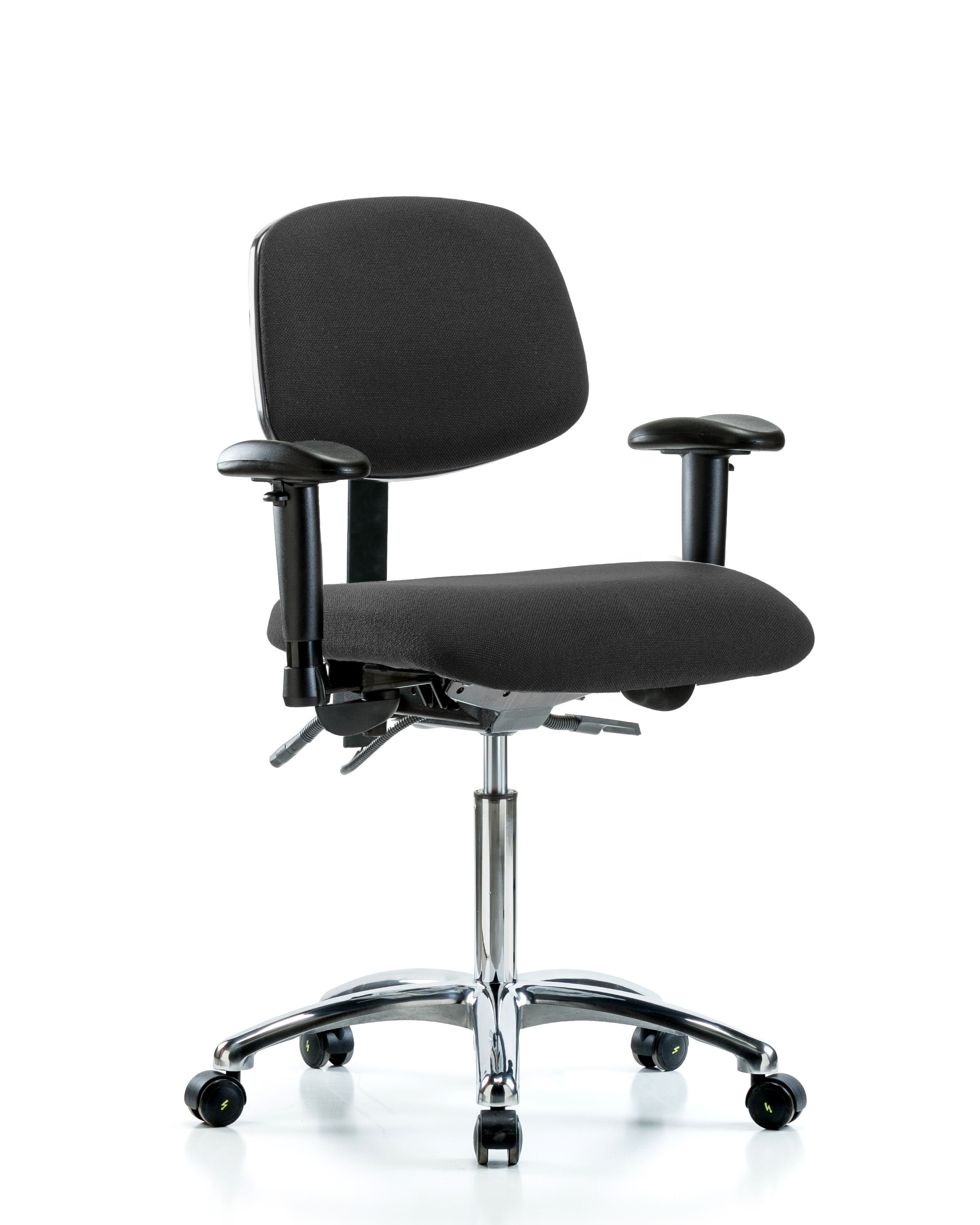 Fabric ESD Chair - Medium Bench Height with Seat Tilt, Adjustable Arms, & ESD Casters in ESD Black Fabric