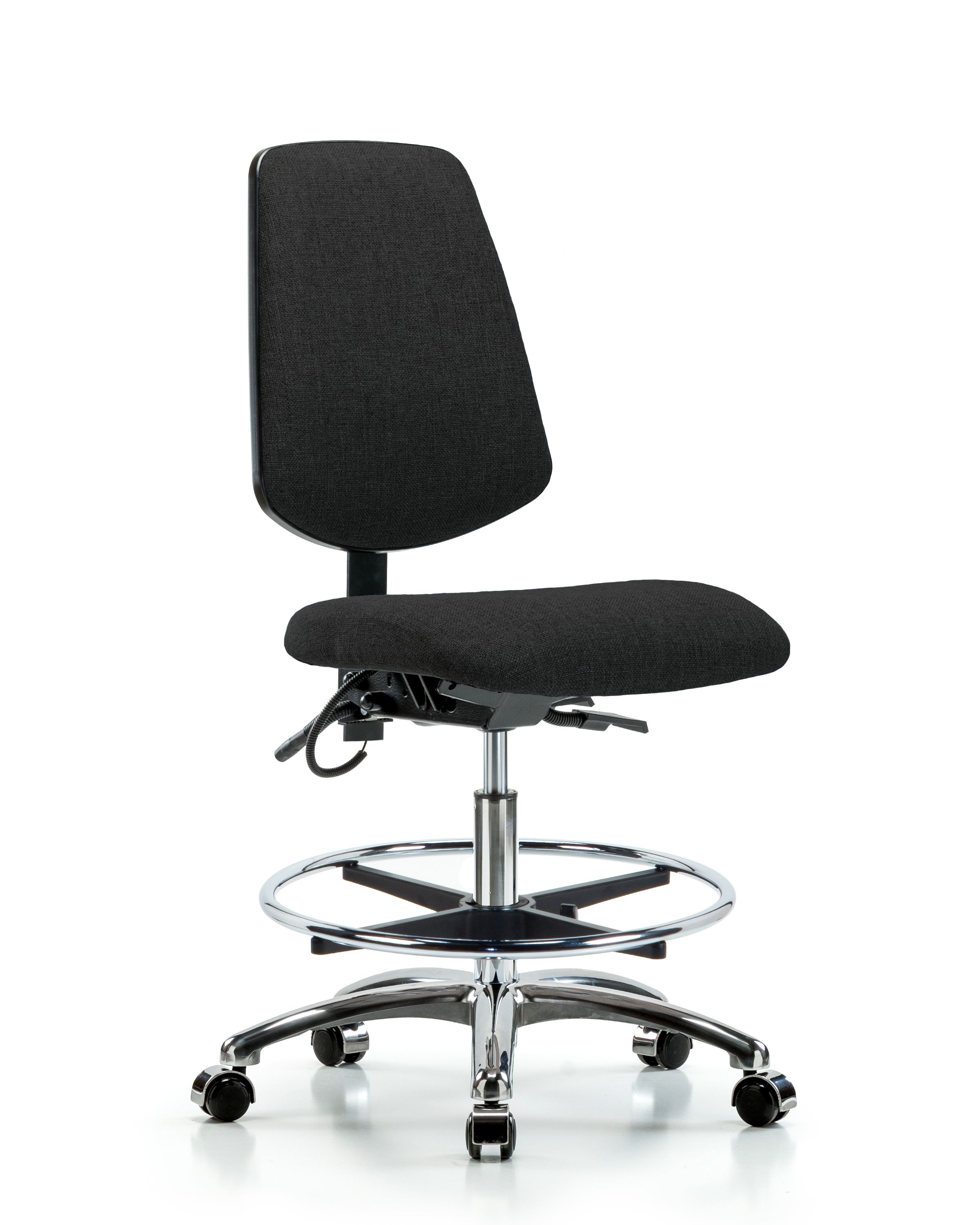 Fabric ESD Chair - Medium Bench Height with Medium Back, Chrome Foot Ring, & ESD Casters in ESD Black Fabric
