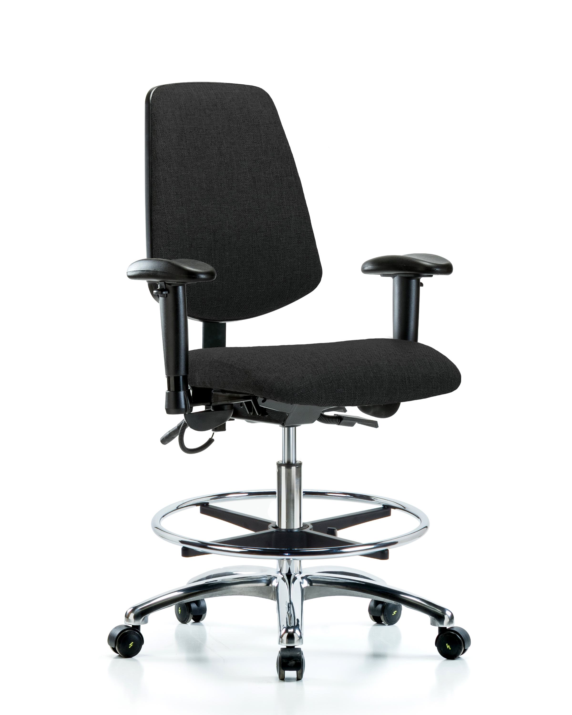 Fabric ESD Chair - Medium Bench Height with Medium Back, Adjustable Arms, Chrome Foot Ring, & ESD Casters in ESD Black Fabric