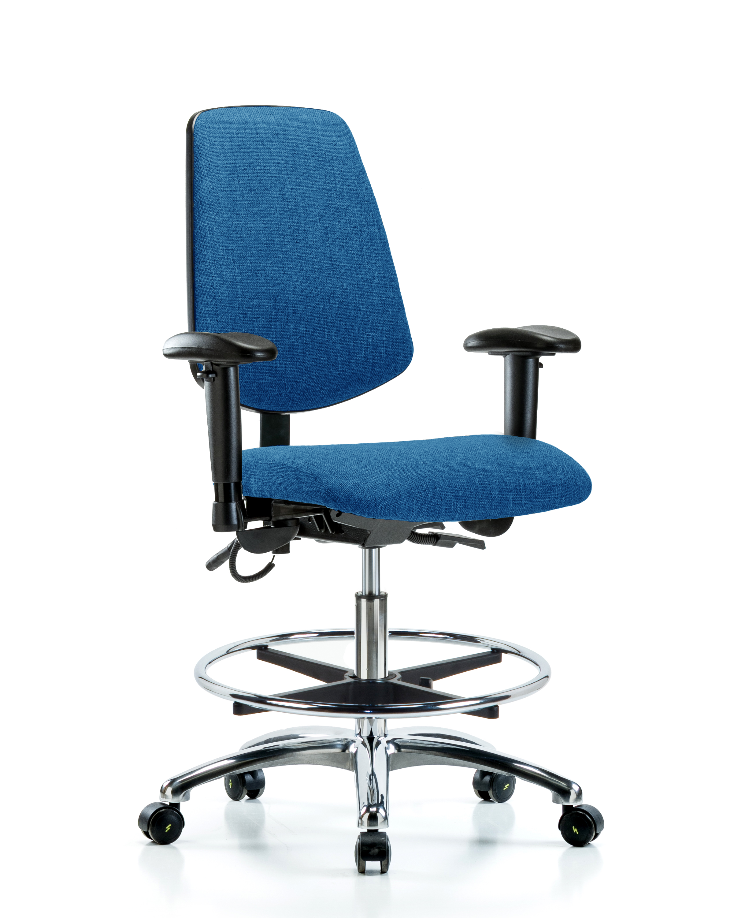 Fabric ESD Chair - Medium Bench Height with Medium Back, Adjustable Arms, Chrome Foot Ring, & ESD Casters in ESD Black Fabric