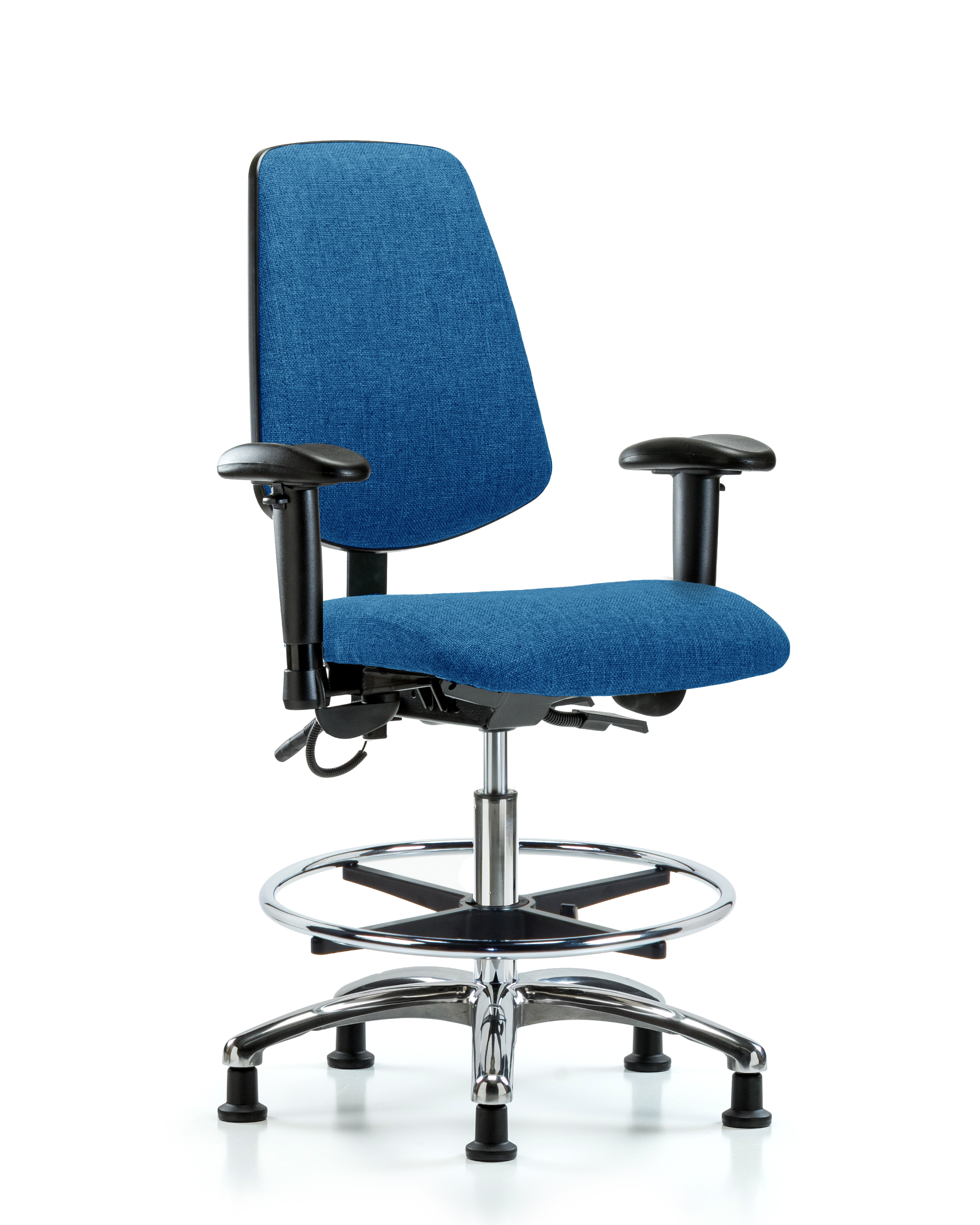 Fabric ESD Chair - Medium Bench Height with Medium Back, Adjustable Arms, Chrome Foot Ring, & ESD Stationary Glides in ESD Black Fabric