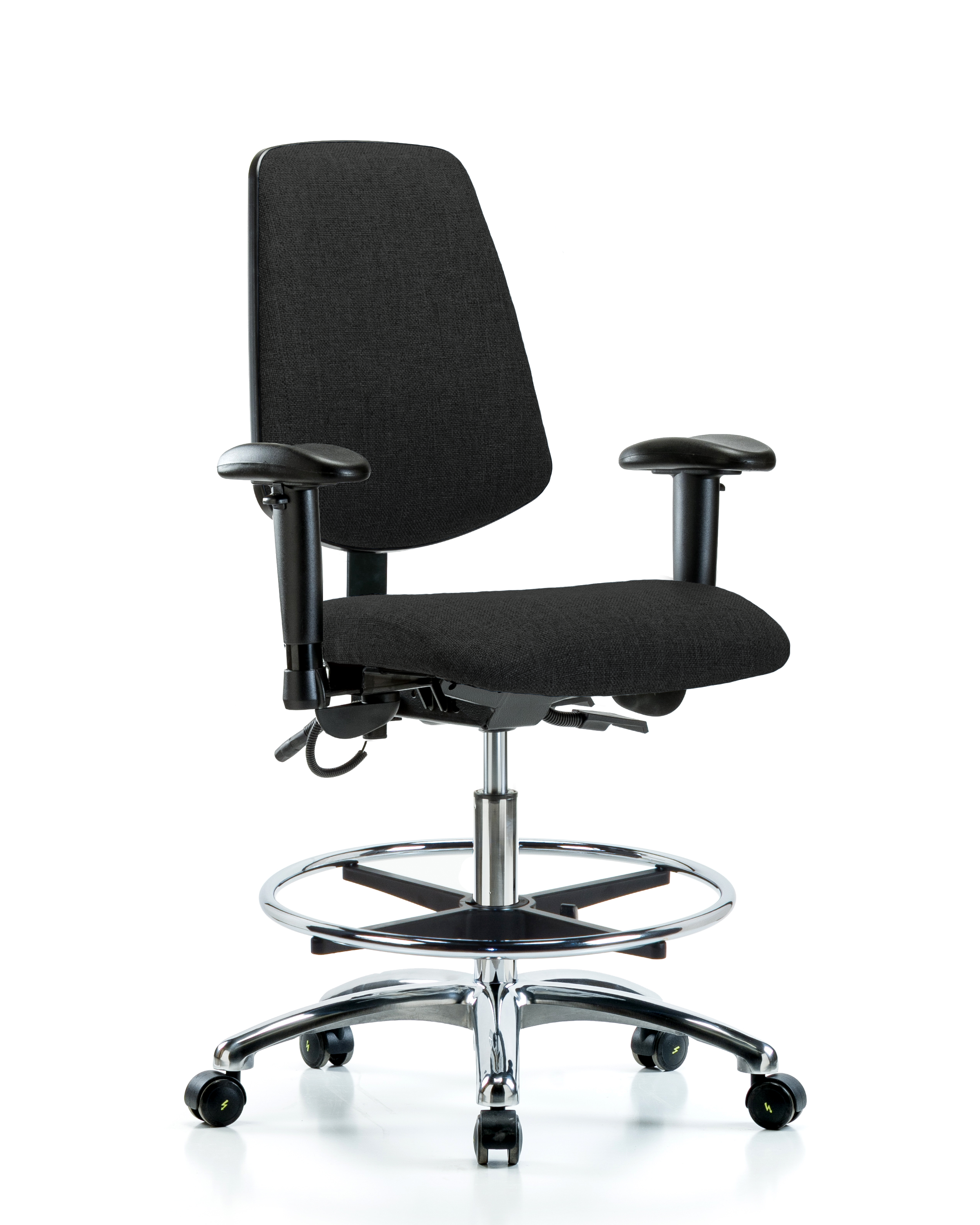 Fabric ESD Chair - Medium Bench Height with Medium Back, Seat Tilt, Adjustable Arms, Chrome Foot Ring, & ESD Casters in ESD Black Fabric