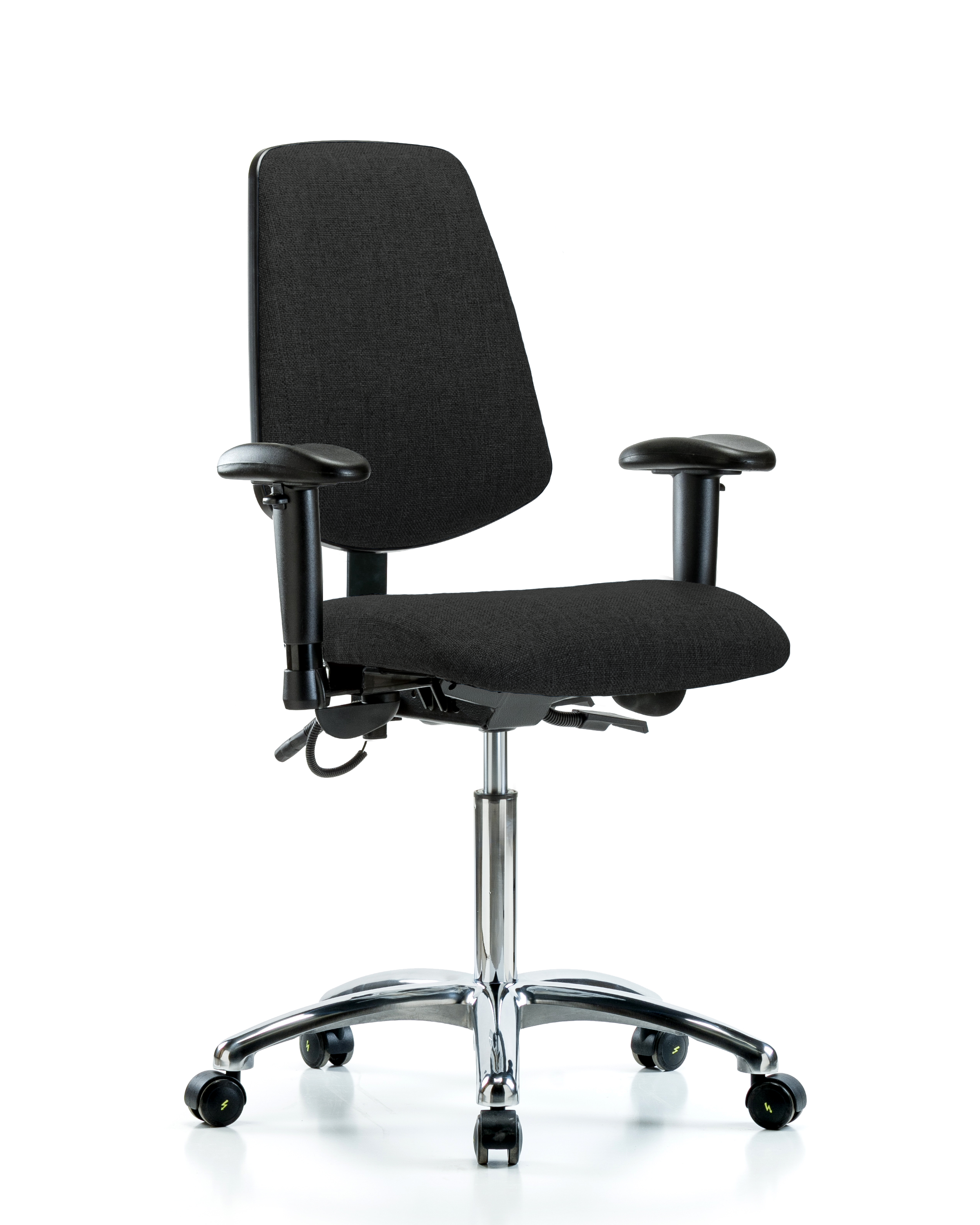 Fabric ESD Chair - Medium Bench Height with Medium Back, Seat Tilt, Adjustable Arms, & ESD Casters in ESD Black Fabric