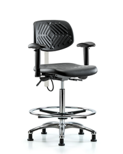 Polyurethane ESD Chair - High Bench Height with Chrome Foot Ring, Adjustable Arms, & ESD Stationary Glides