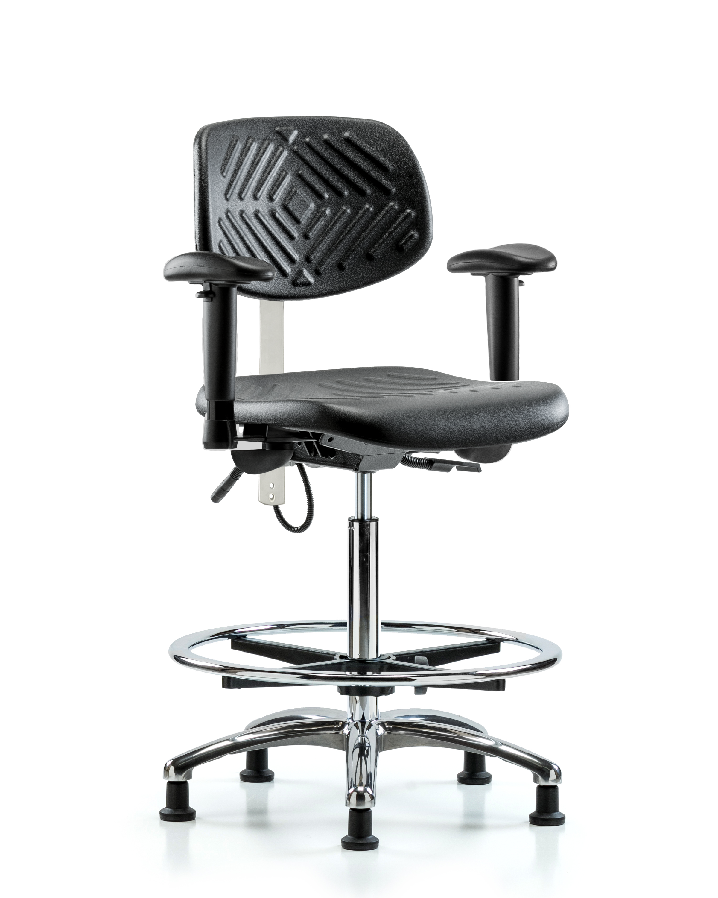 Polyurethane ESD Chair - High Bench Height with Chrome Foot Ring, Adjustable Arms, & ESD Stationary Glides