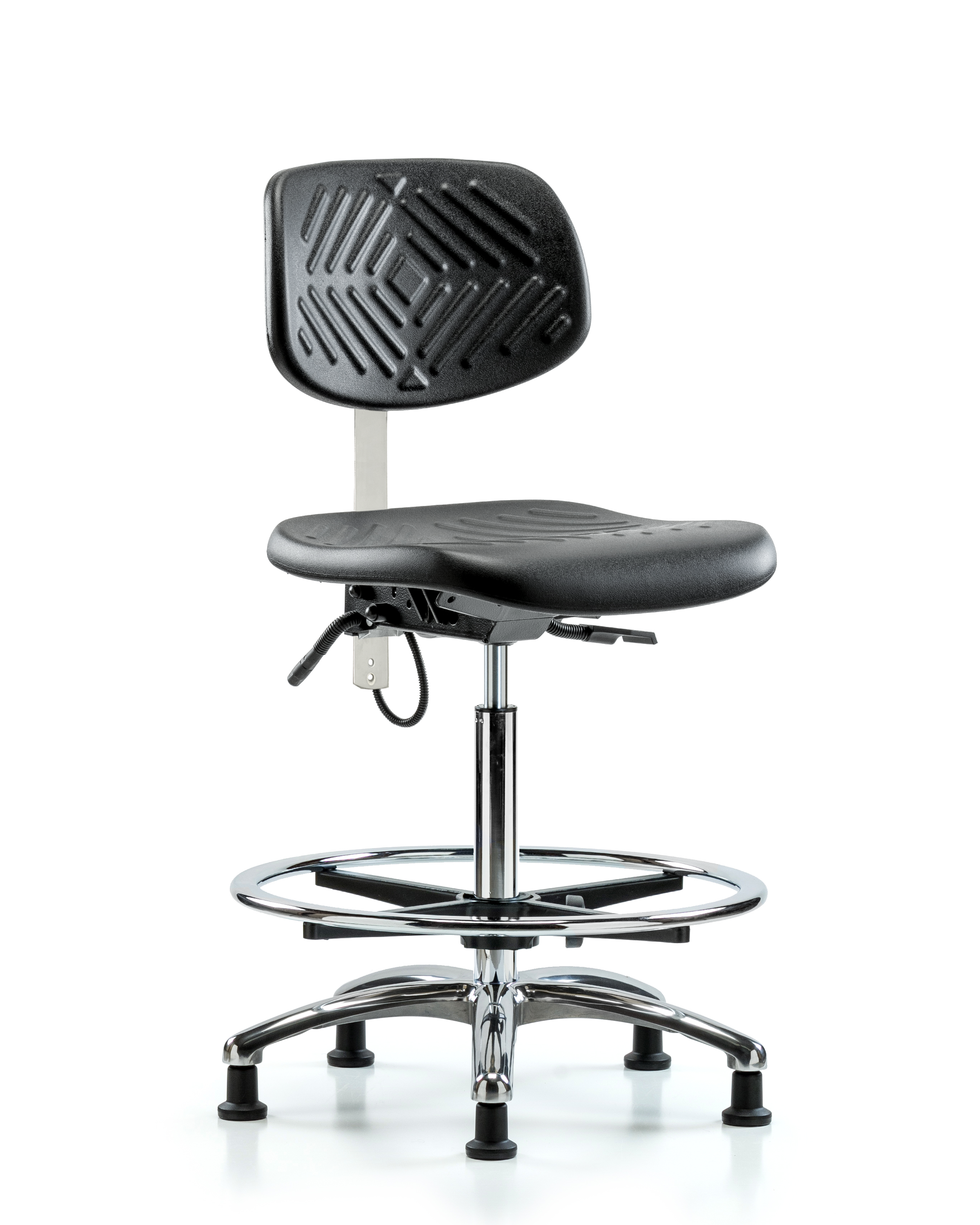 Polyurethane ESD Chair - High Bench Height with Chrome Foot Ring, Seat Tilt, & ESD Stationary Glides