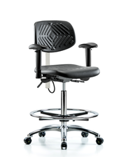 Polyurethane ESD Chair - High Bench Height with Chrome Foot Ring, Seat Tilt, Adjustable Arms, & ESD Casters