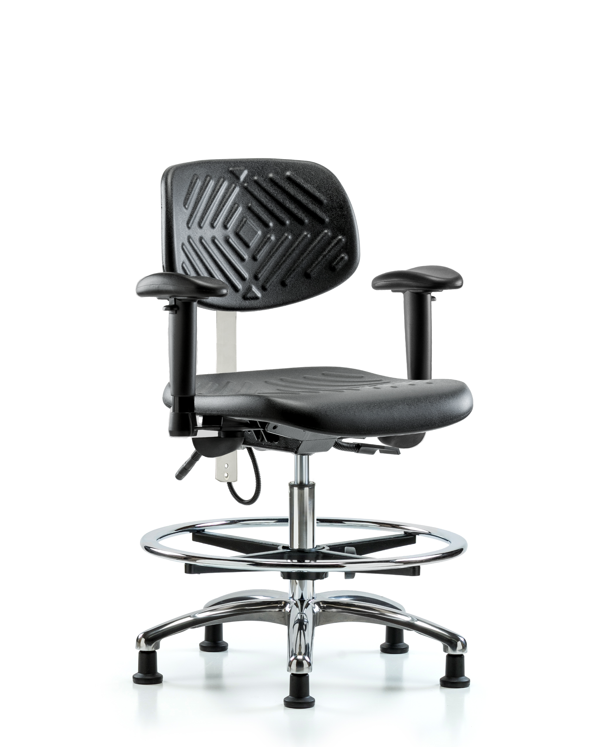 Polyurethane ESD Chair - Medium Bench Height with Chrome Foot Ring, Adjustable Arms, & ESD Stationary Glides