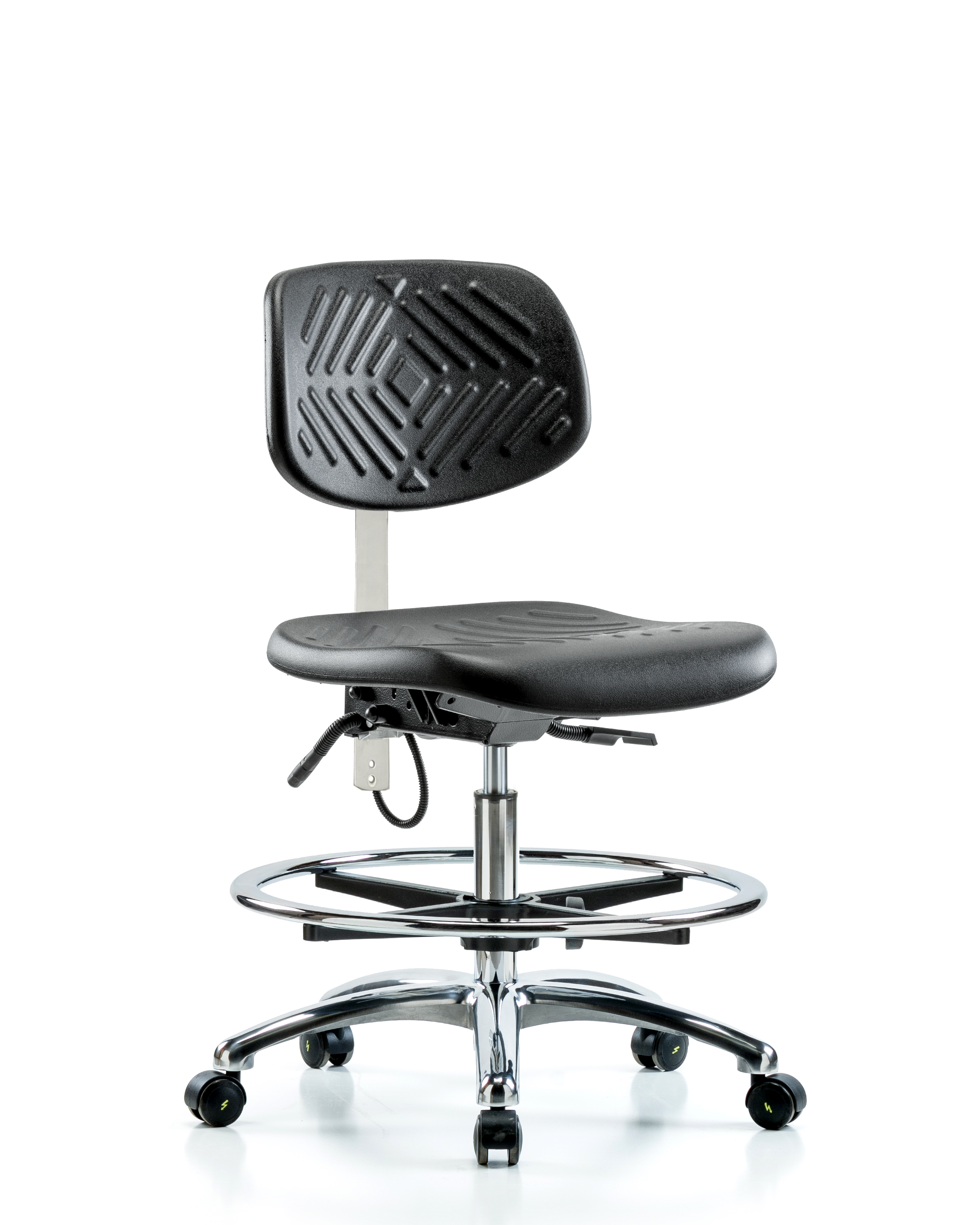 Polyurethane ESD Chair - Medium Bench Height with Chrome Foot Ring, Seat Tilt, & ESD Casters