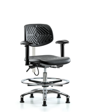 Polyurethane ESD Chair - Medium Bench Height with Chrome Foot Ring, Seat Tilt, Adjustable Arms, & ESD Stationary Glides