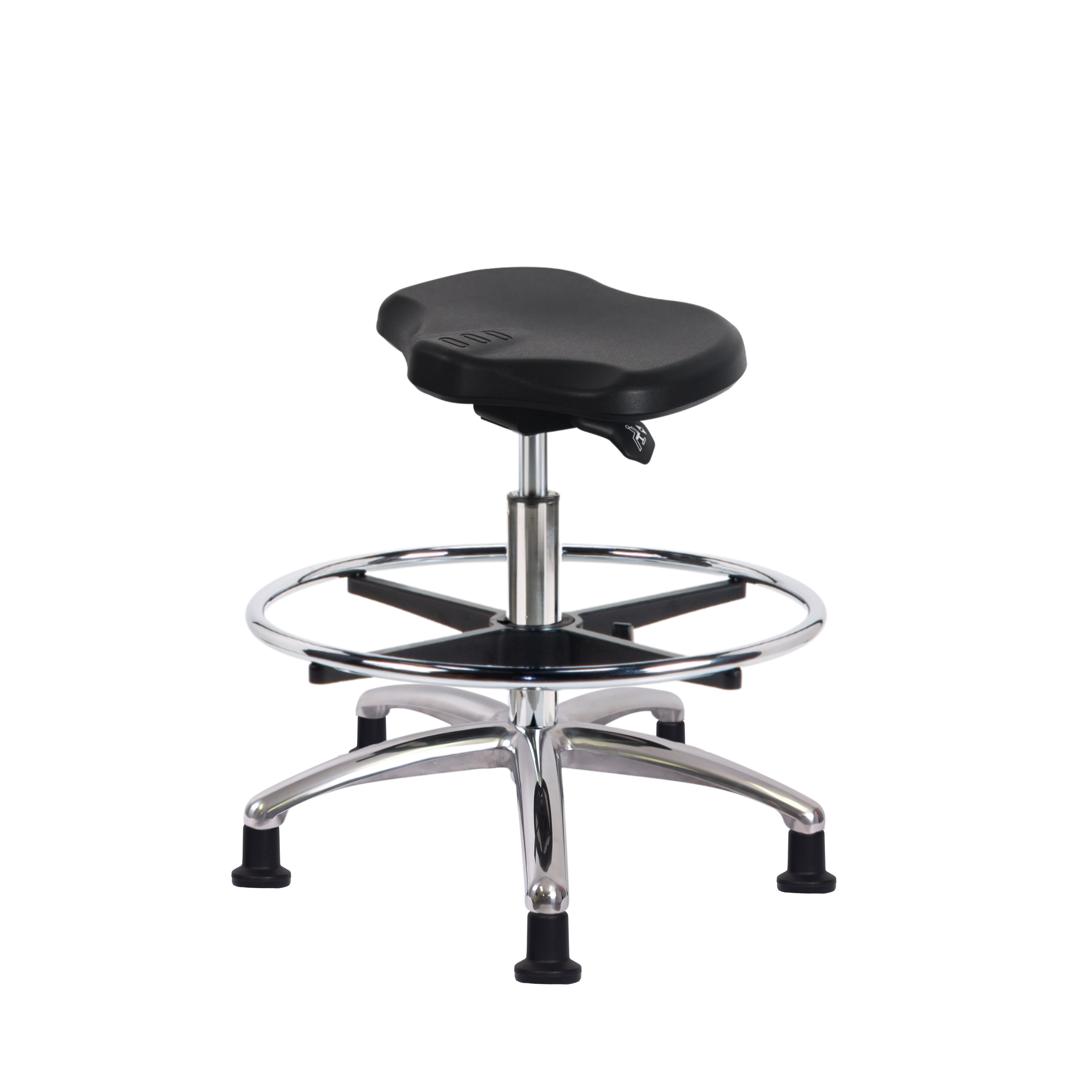 Polyurethane ESD Ray Sit-Stand with Chrome Foot Ring & ESD Stationary Glides in ESD Black Polyurethane