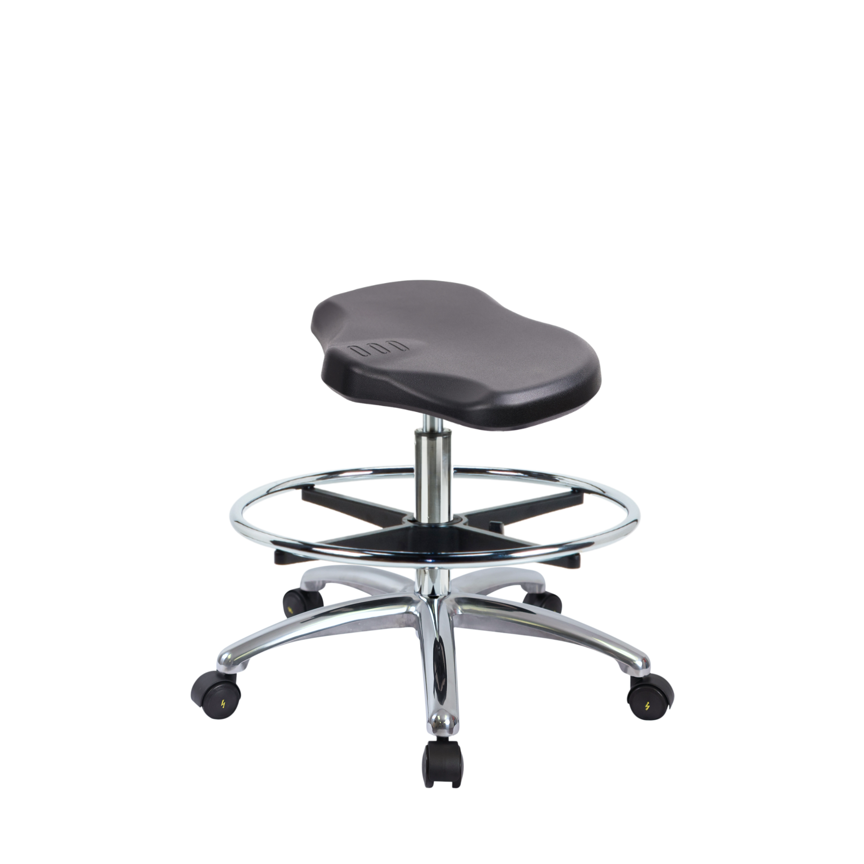 Polyurethane ESD Ray Stool Chrome - Medium Bench Height with Chrome Foot Ring & ESD Casters in ESD Black Polyurethane