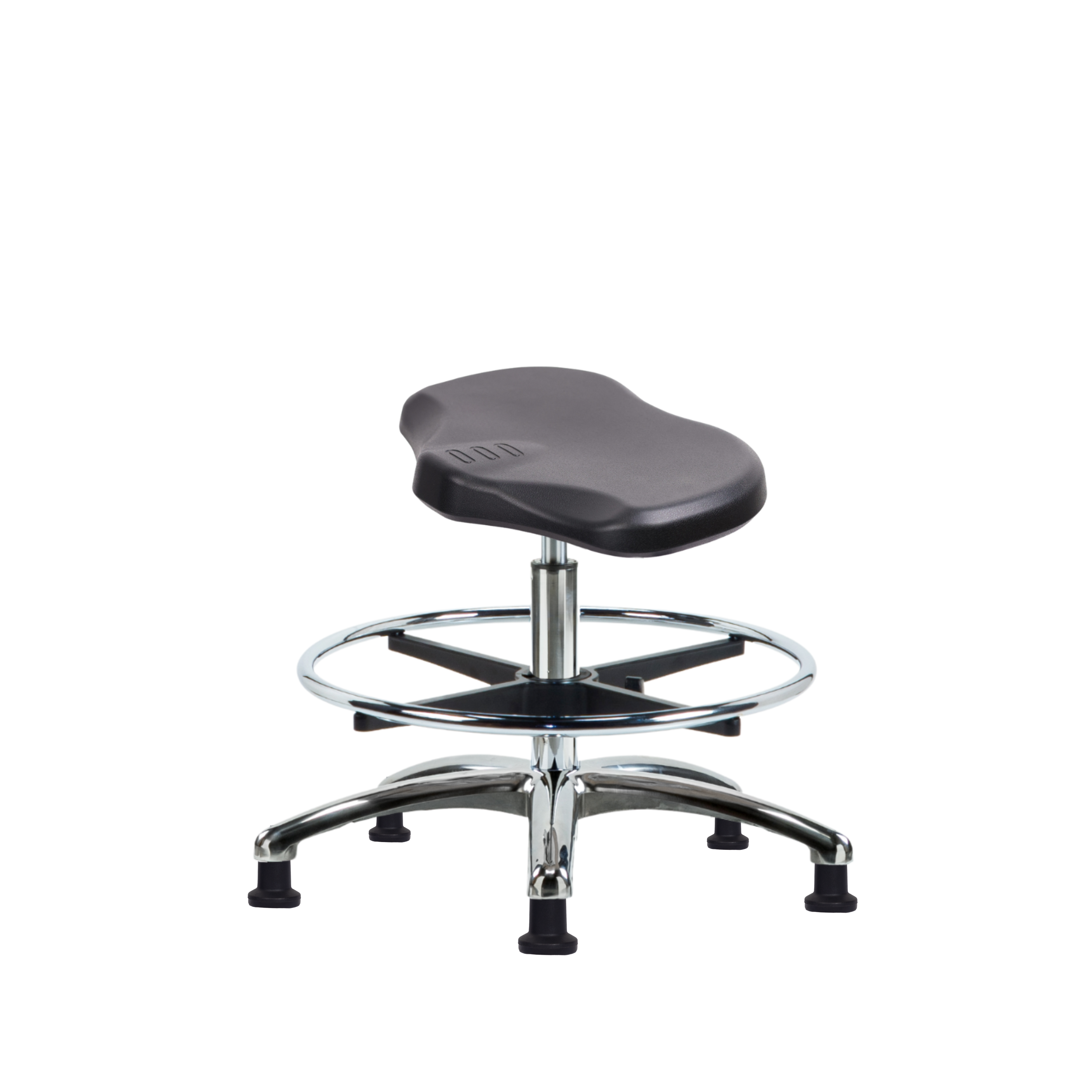 Polyurethane ESD Ray Stool Chrome - Medium Bench Height with Chrome Foot Ring & ESD Stationary Glides in ESD Black Polyurethane