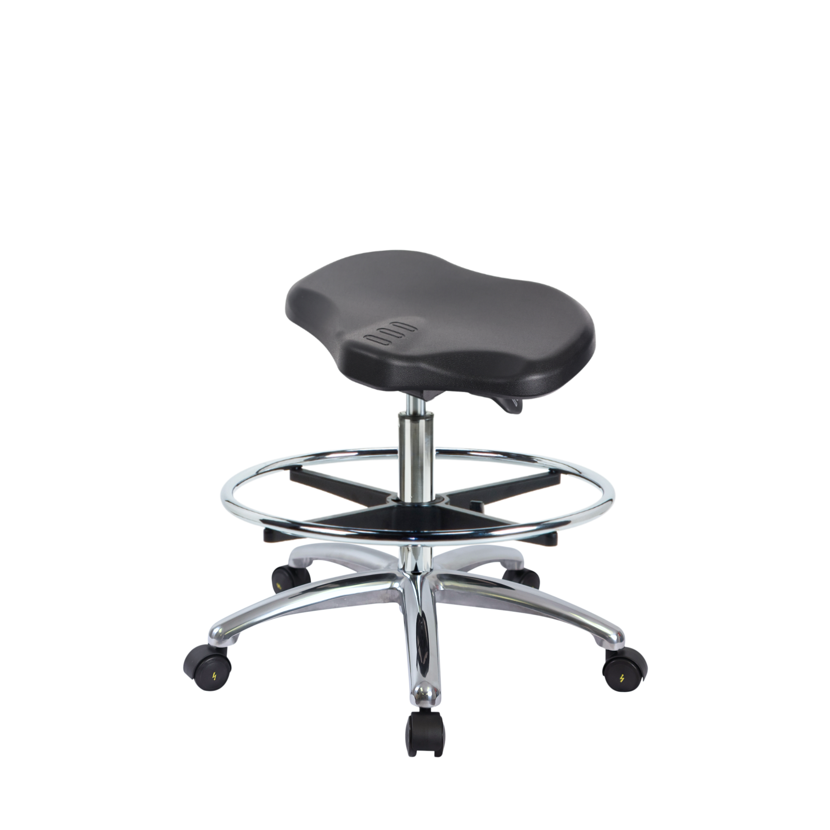 Polyurethane ESD Ray Sit-Stand Stool Chrome - Medium Bench Height with Chrome Foot Ring & ESD Casters in ESD Black Polyurethane