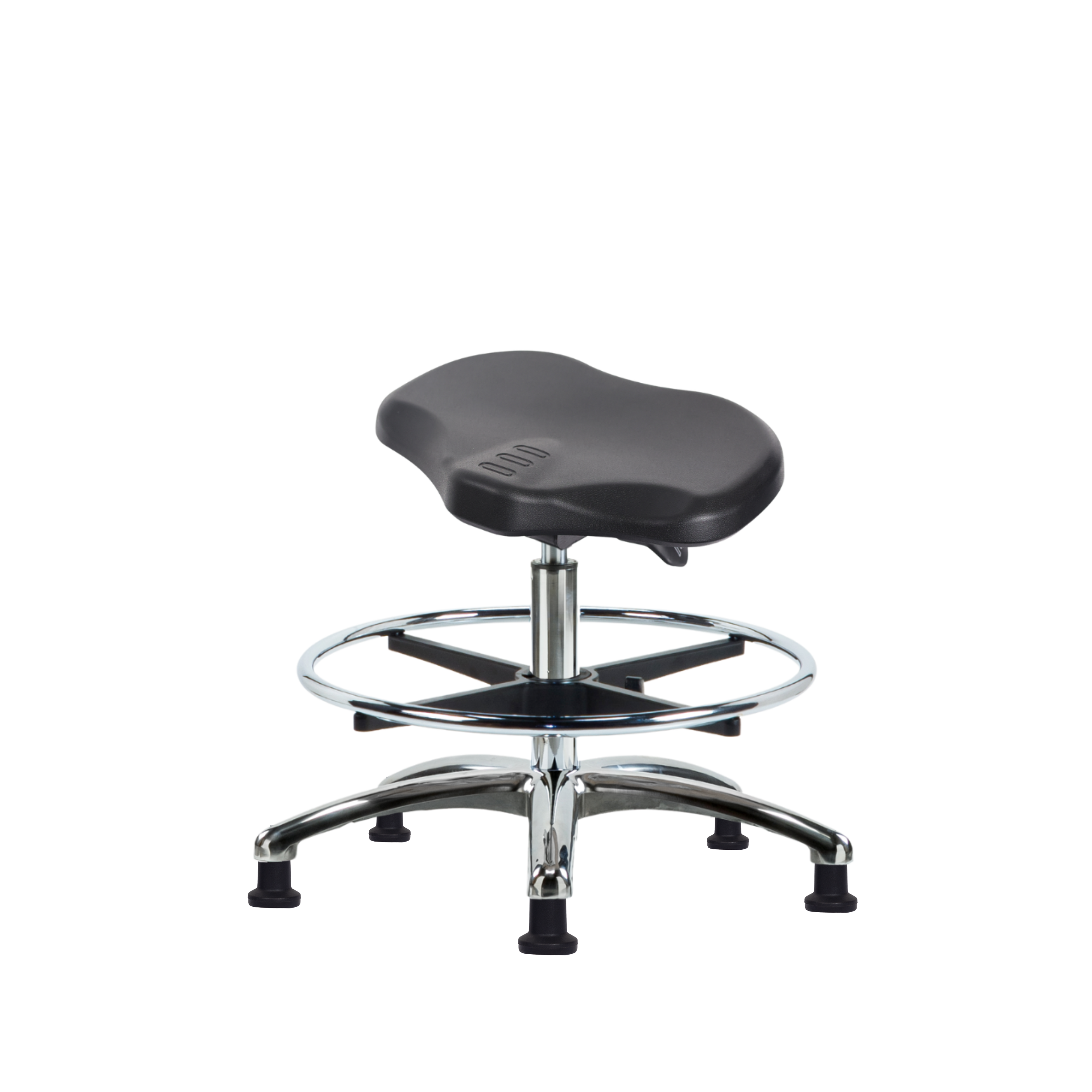 Polyurethane ESD Ray Sit-Stand Stool Chrome - Medium Bench Height with Chrome Foot Ring & ESD Stationary Glides in ESD Black Polyurethane