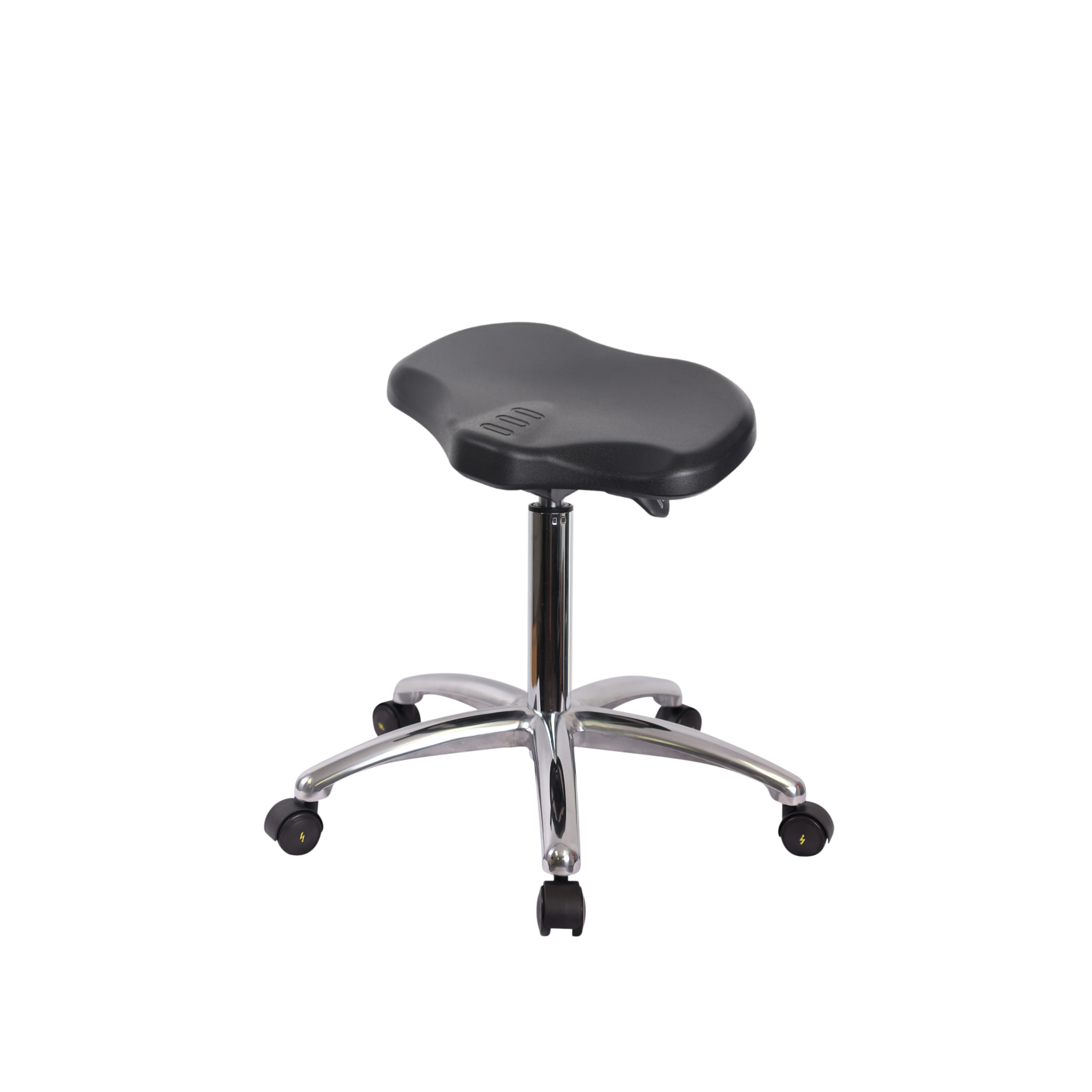 Polyurethane ESD Ray Sit-Stand Stool Chrome - Medium Bench Height with ESD Casters in ESD Black Polyurethane