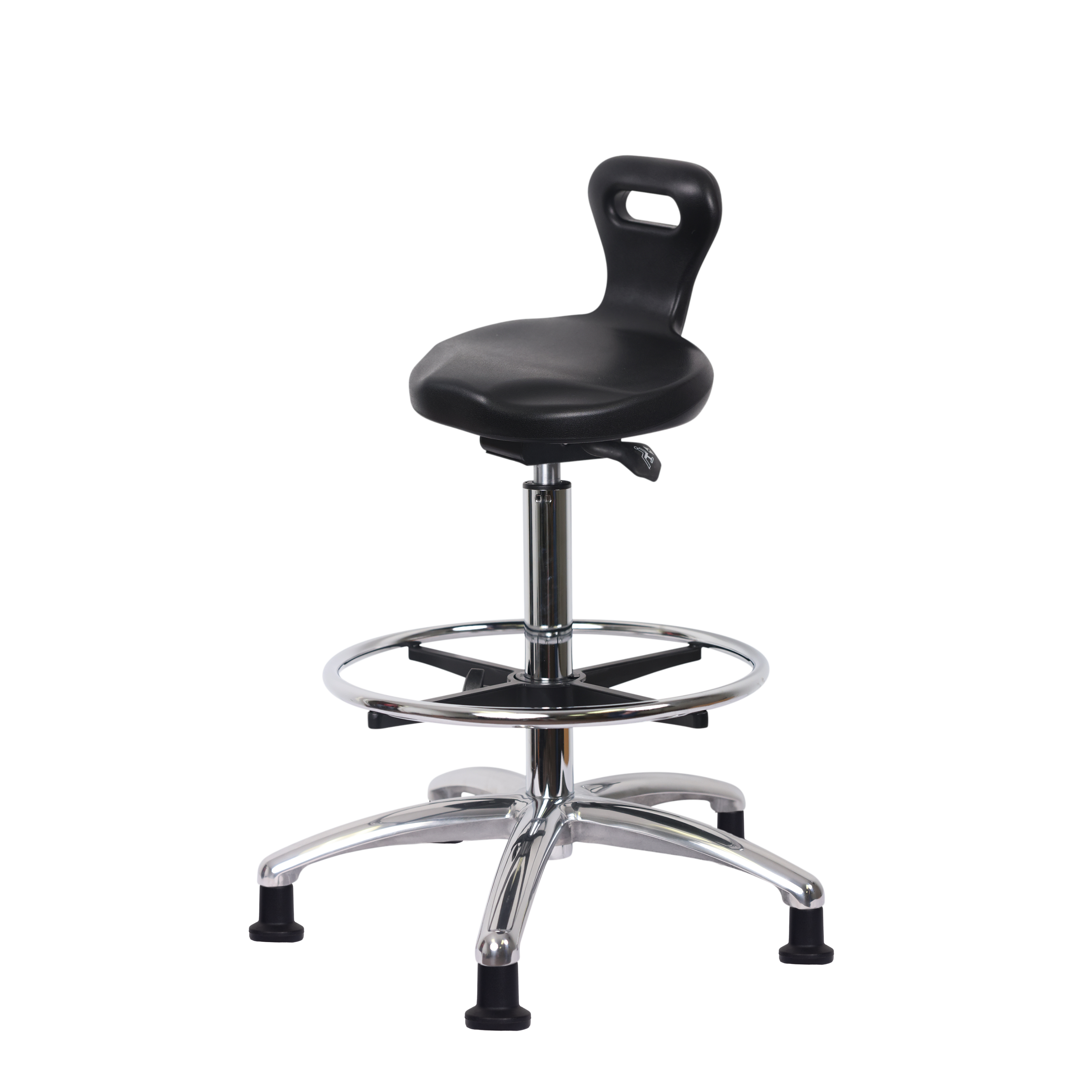 Polyurethane ESD Serpent Sit-Stand with Chrome Foot Ring & ESD Stationary Glides in ESD Black Polyurethane