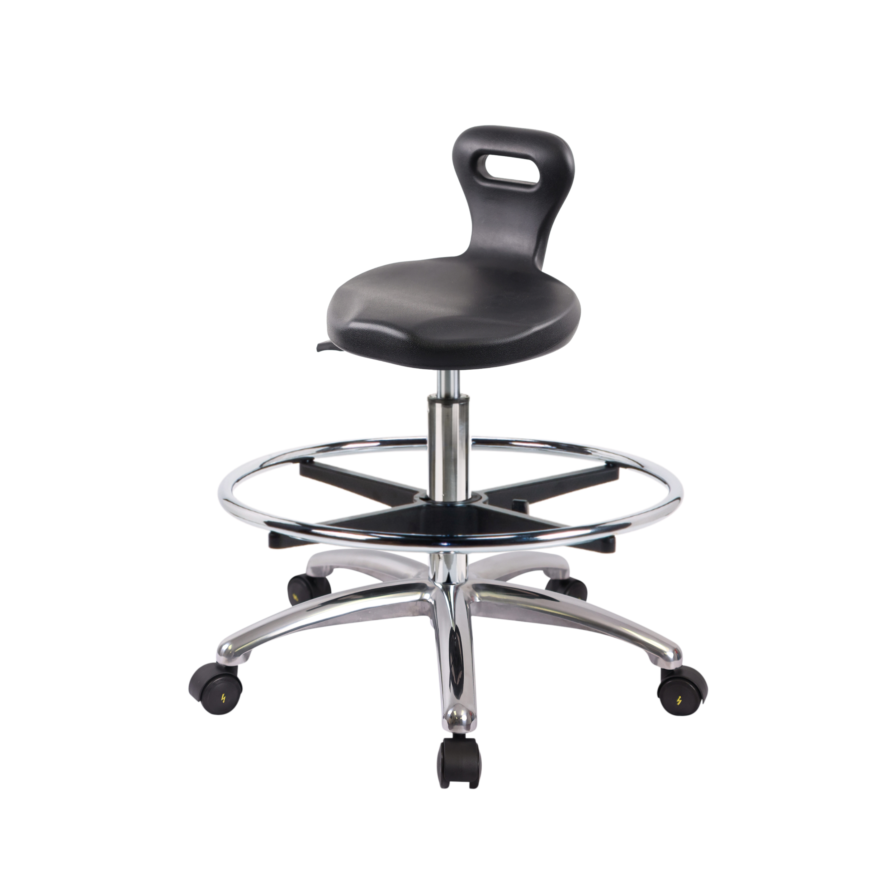 Polyurethane ESD Serpent Stool Chrome - Medium Bench Height with Chrome Foot Ring & ESD Casters in ESD Black Polyurethane