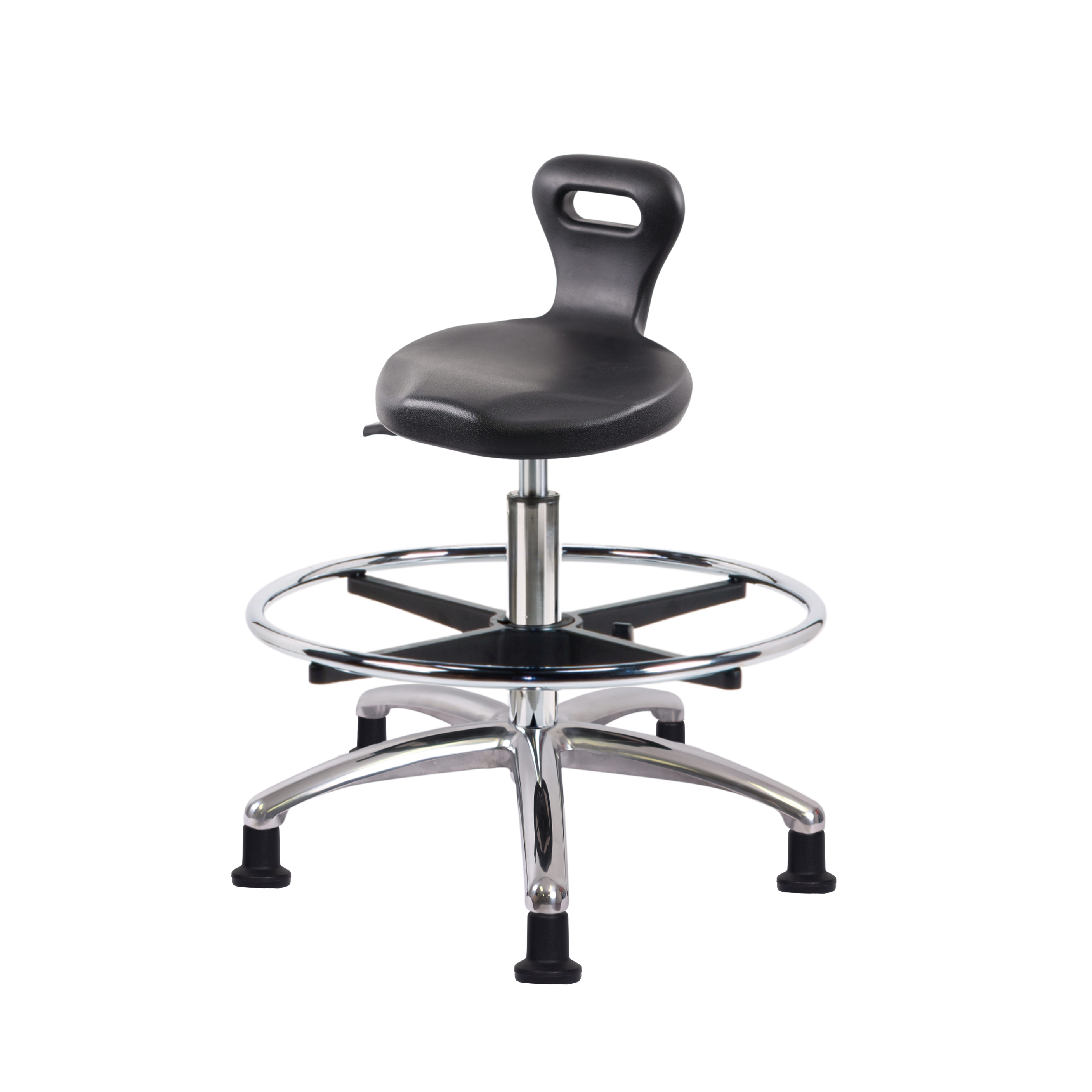 Polyurethane ESD Serpent Stool Chrome - Medium Bench Height with Chrome Foot Ring & ESD Stationary Glides in ESD Black Polyurethane