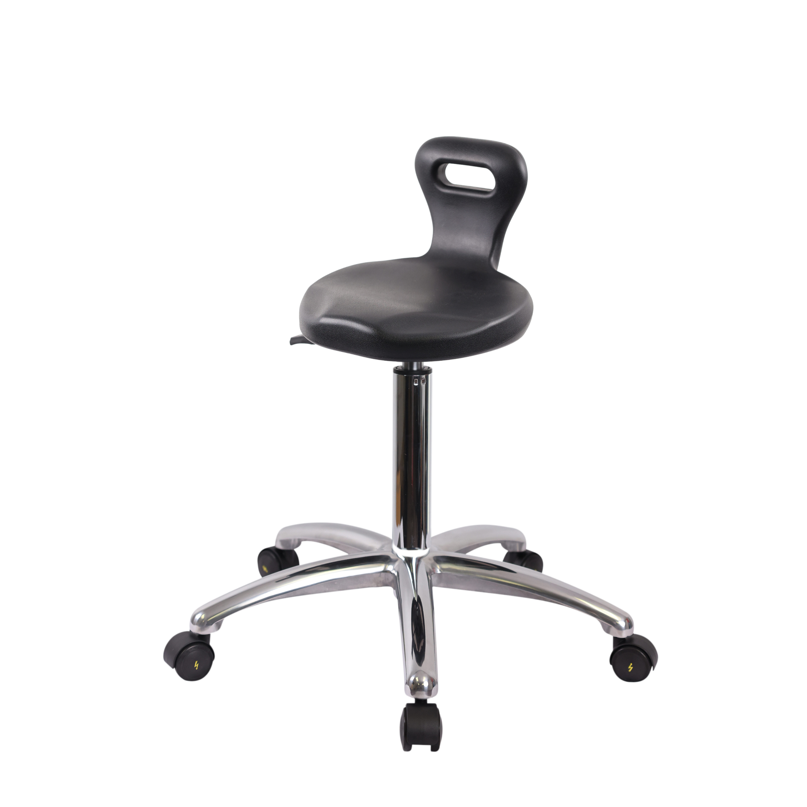 Polyurethane ESD Serpent Stool Chrome - Medium Bench Height with ESD Casters in ESD Black Polyurethane