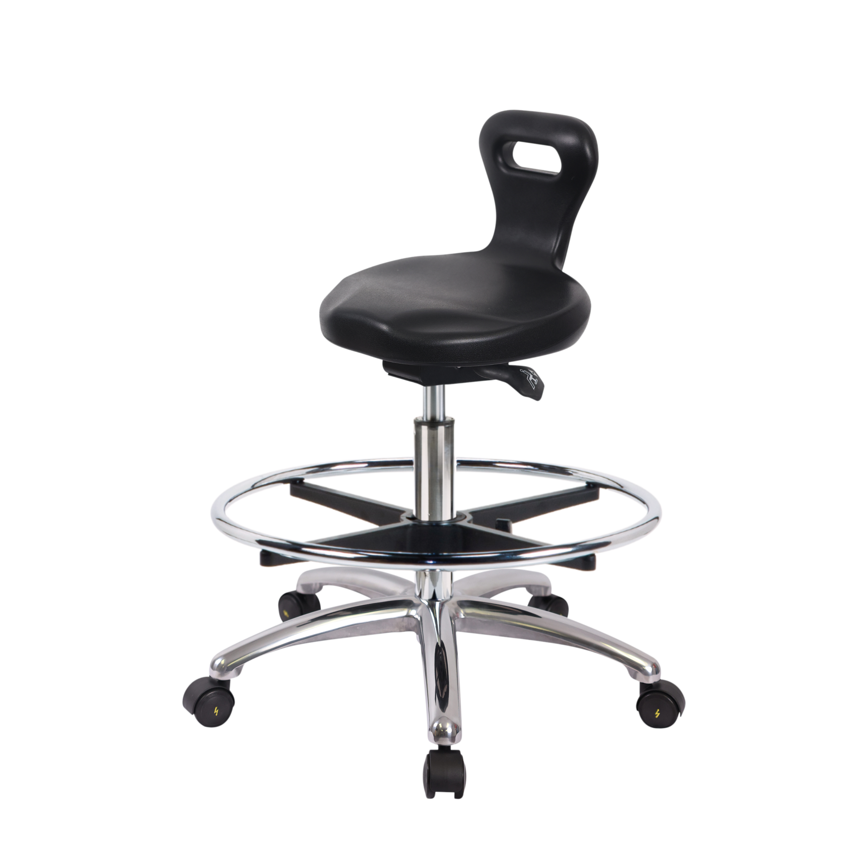 Polyurethane ESD Serpent Sit-Stand Stool Chrome - Medium Bench Height with Chrome Foot Ring & ESD Casters in ESD Black Polyurethane