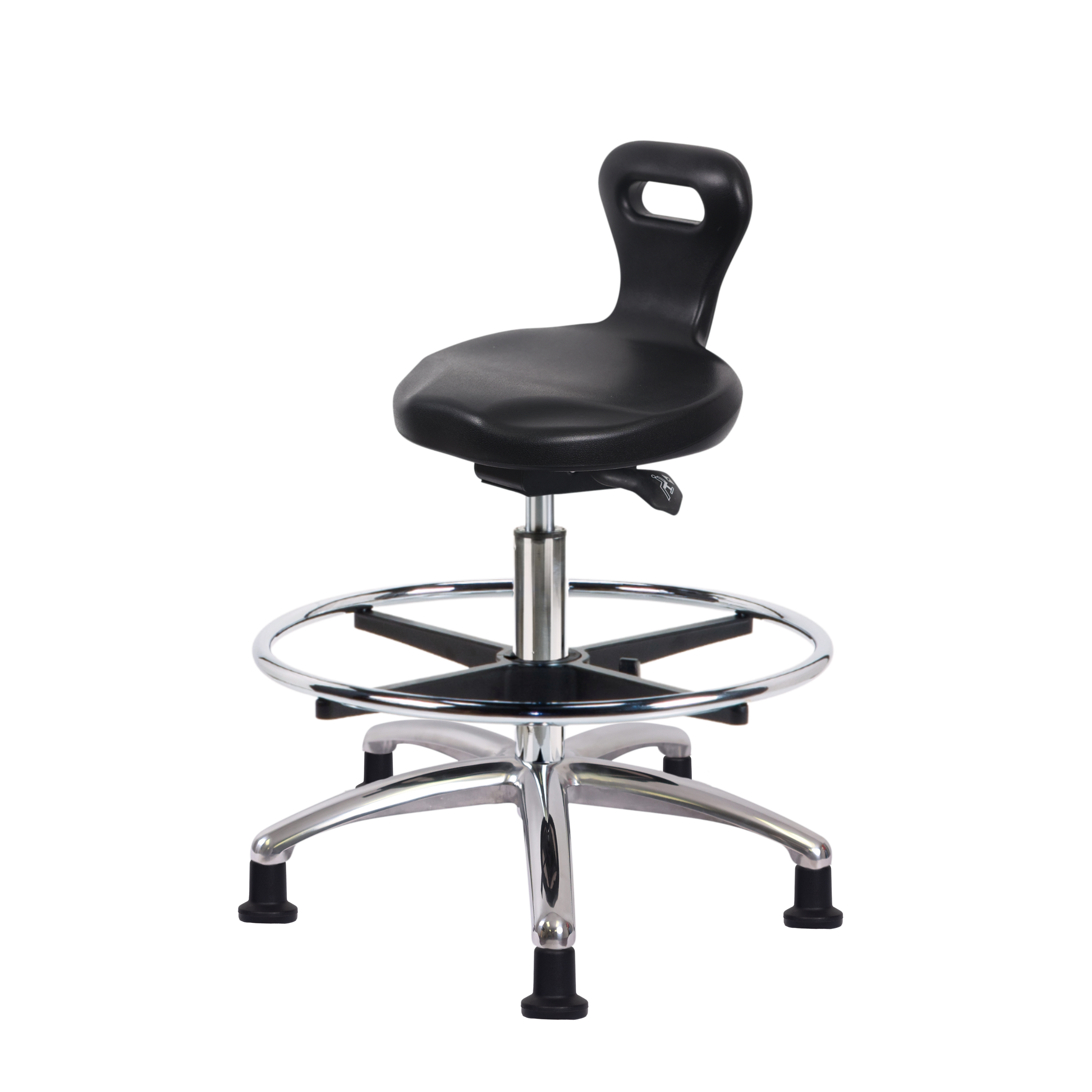 Polyurethane ESD Serpent Sit-Stand Stool Chrome - Medium Bench Height with Chrome Foot Ring & ESD Stationary Glides in ESD Black Polyurethane