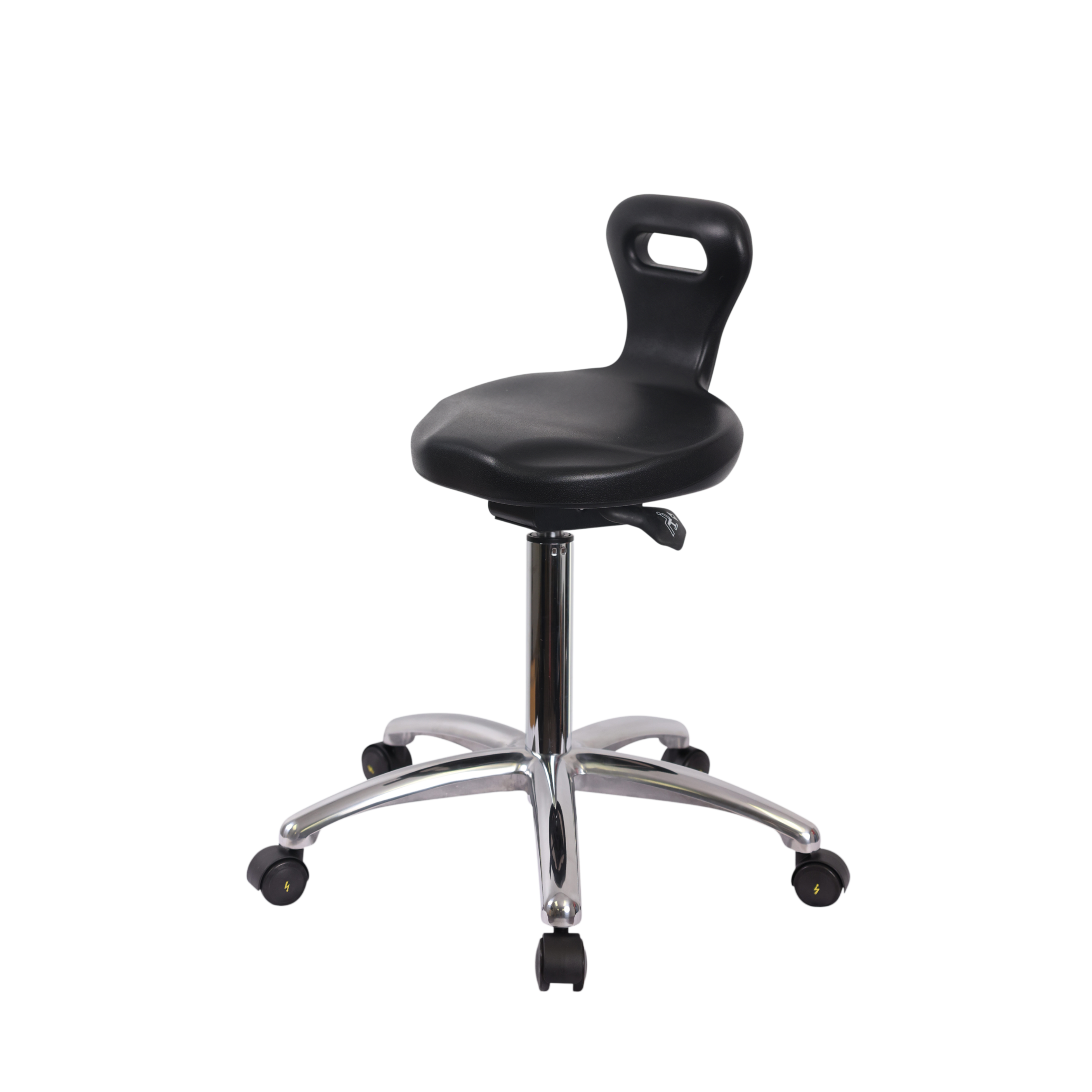 Polyurethane ESD Serpent Sit-Stand Stool Chrome - Medium Bench Height with ESD Casters in ESD Black Polyurethane