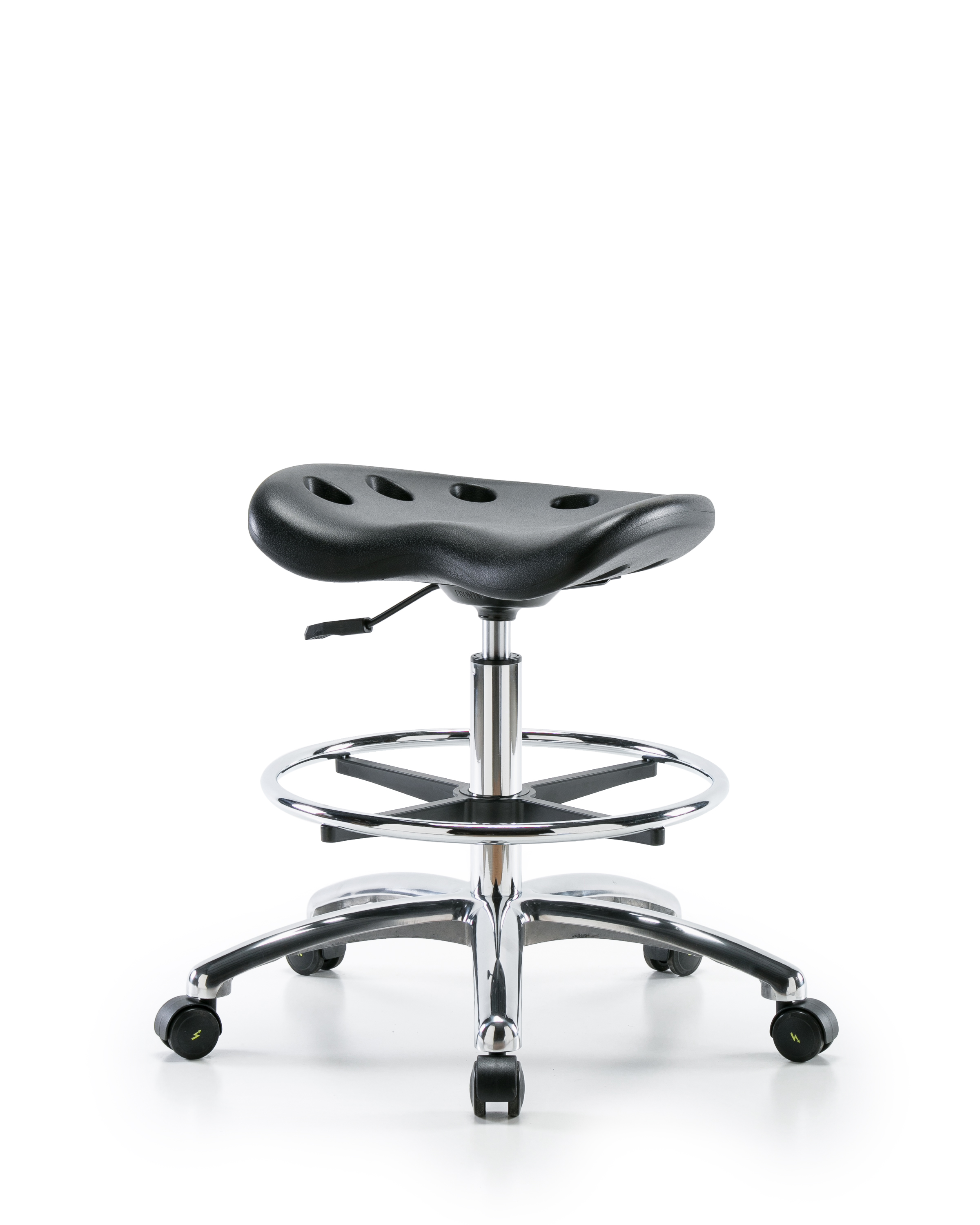 Polyurethane ESD Tractor Stool Chrome - Medium Bench Height with Chrome Foot Ring & ESD Casters in ESD Black Polyurethane