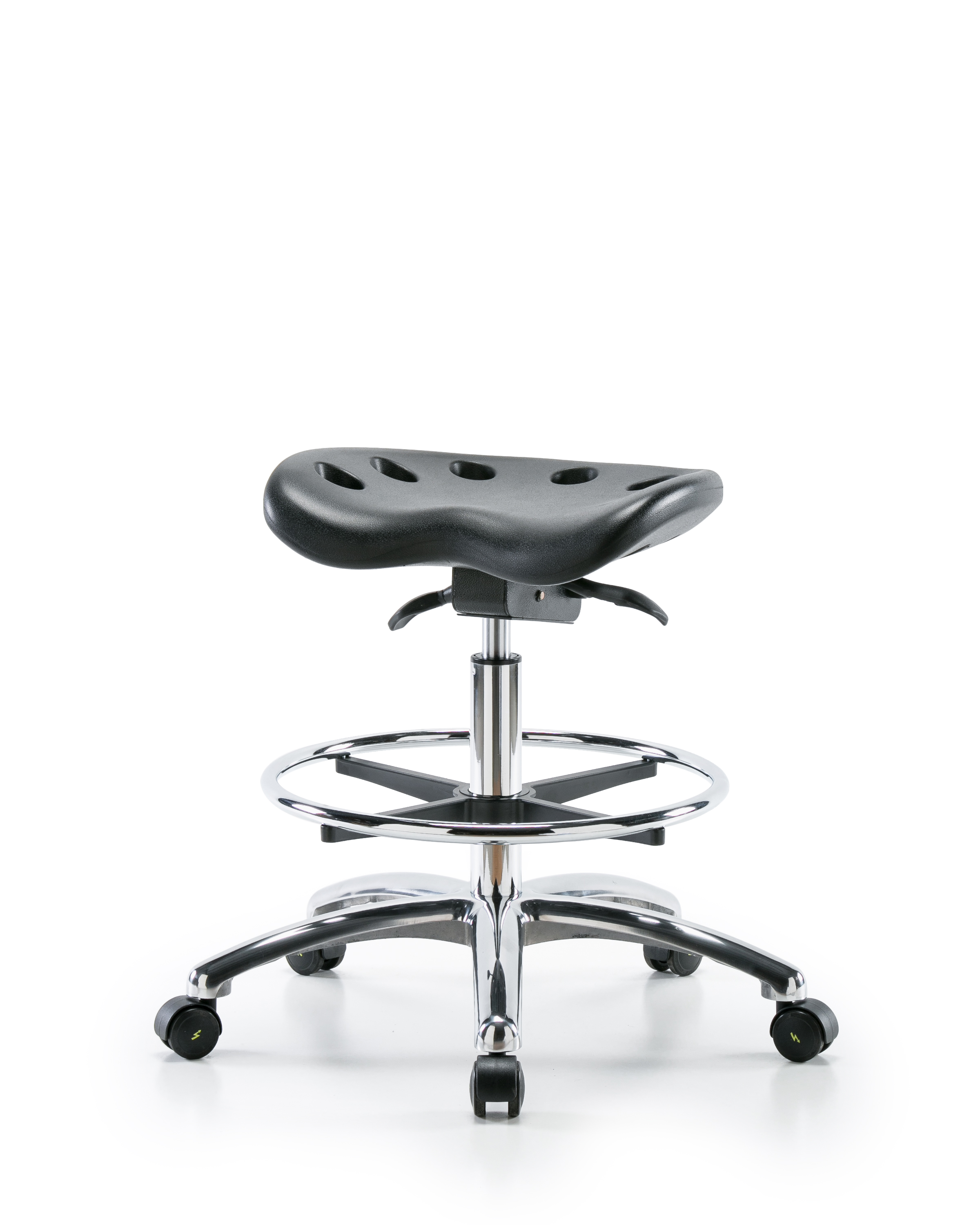 Polyurethane ESD Tractor Sit-Stand Stool Chrome - Medium Bench Height with Chrome Foot Ring & ESD Casters in ESD Black Polyurethane