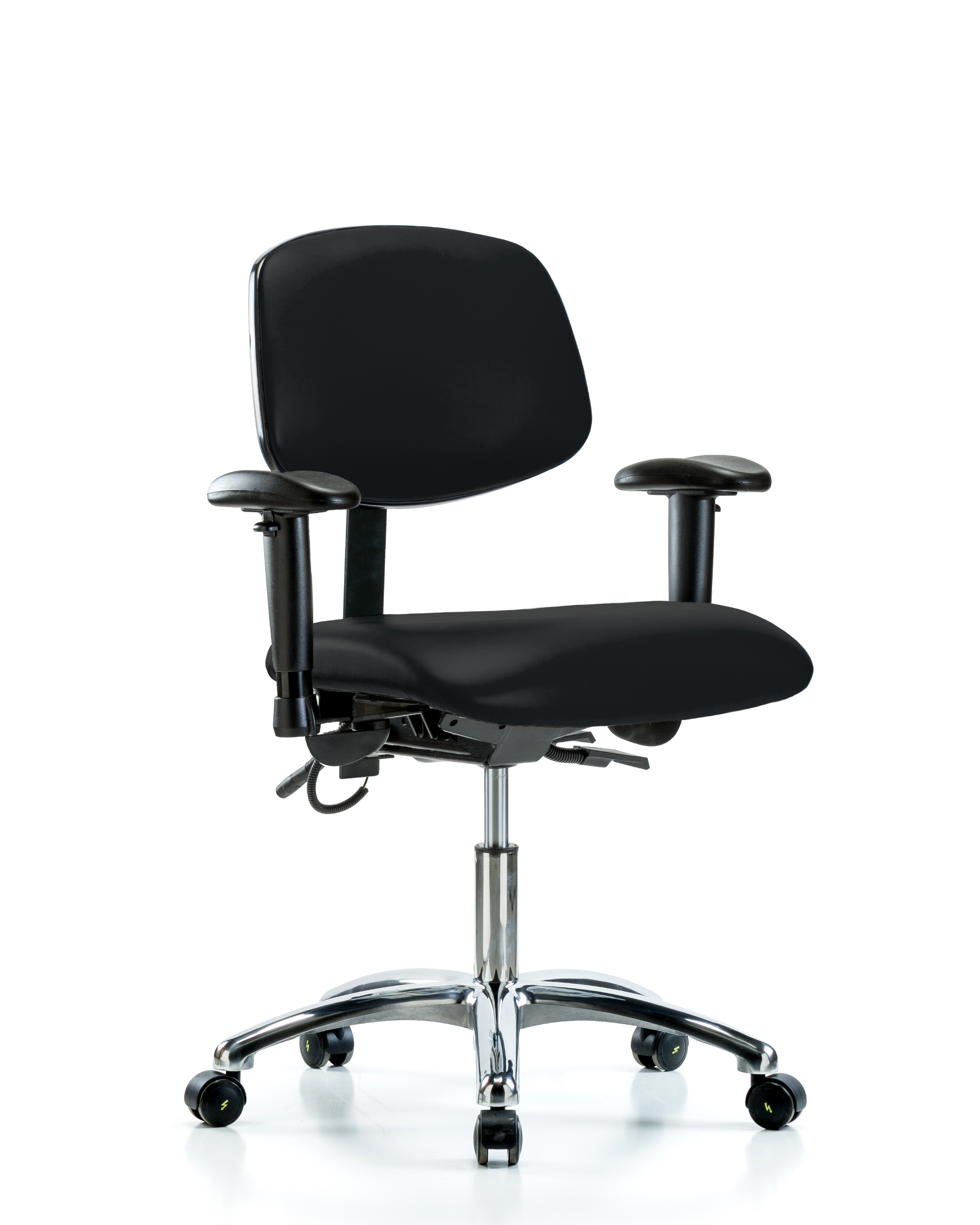 Vinyl ESD Chair - Desk Height with Seat Tilt, Adjustable Arms, & ESD Casters in ESD Black Vinyl