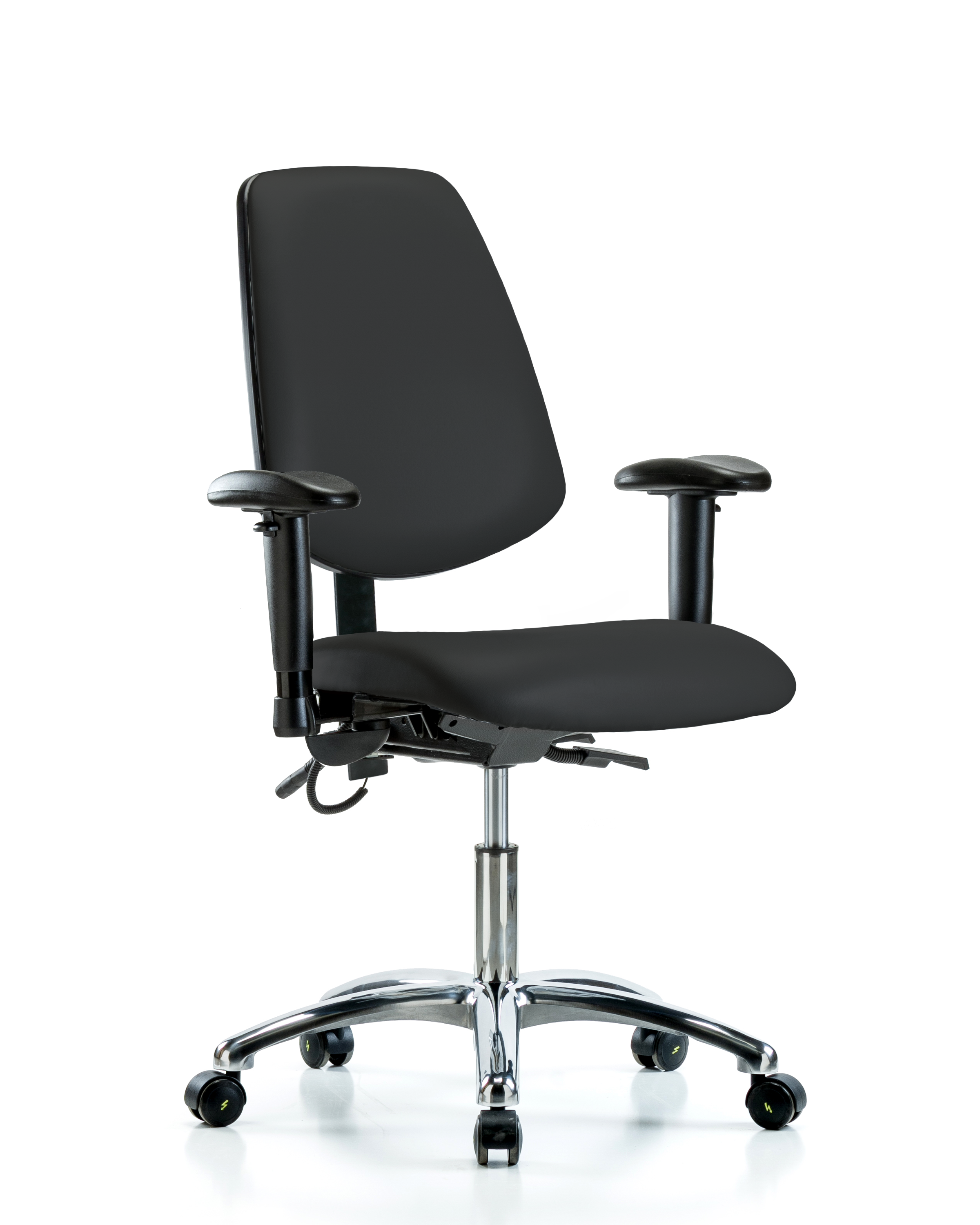 Vinyl ESD Chair - Desk Height with Medium Back, Seat Tilt, Adjustable Arms, & ESD Casters in ESD Black Vinyl