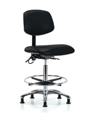 Vinyl ESD Chair - High Bench Height with Chrome Foot Ring & ESD Stationary Glides in ESD Black Vinyl