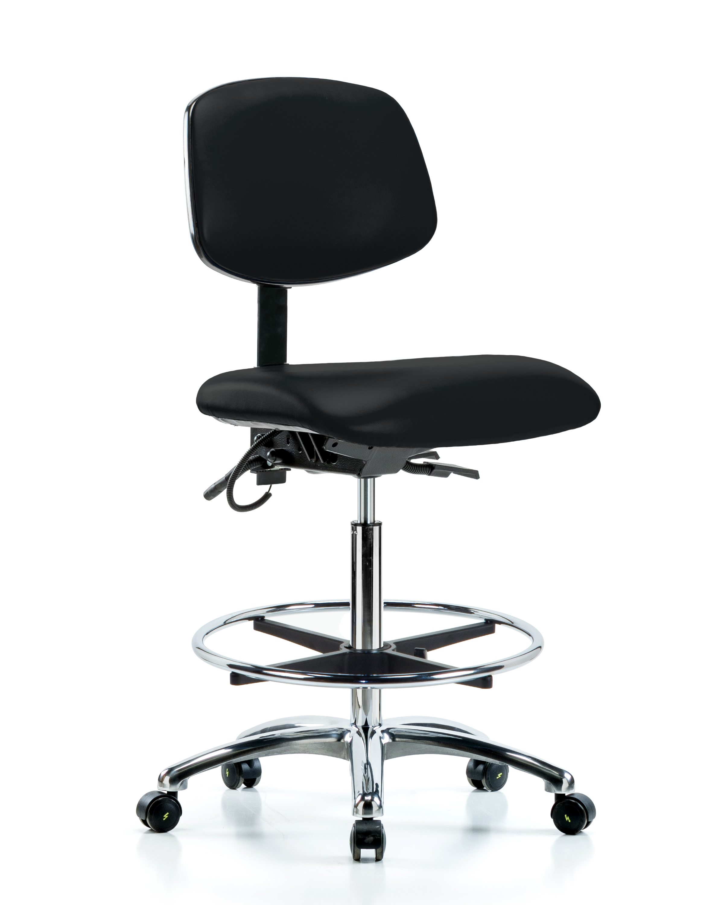 Vinyl ESD Chair - High Bench Height with Seat Tilt, Chrome Foot Ring, & ESD Casters in ESD Black Vinyl