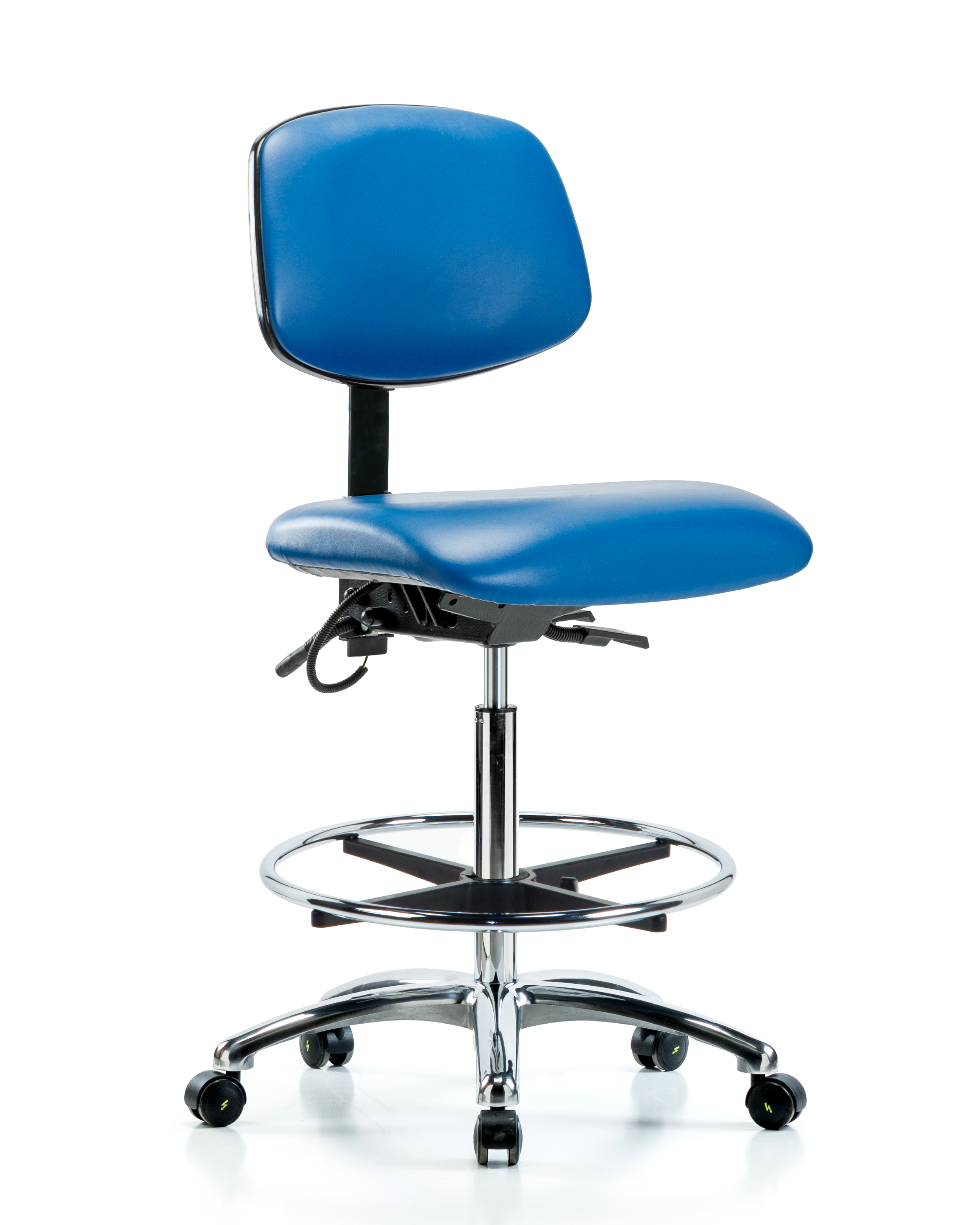 Vinyl ESD Chair - High Bench Height with Seat Tilt, Chrome Foot Ring, & ESD Casters in ESD Black Vinyl