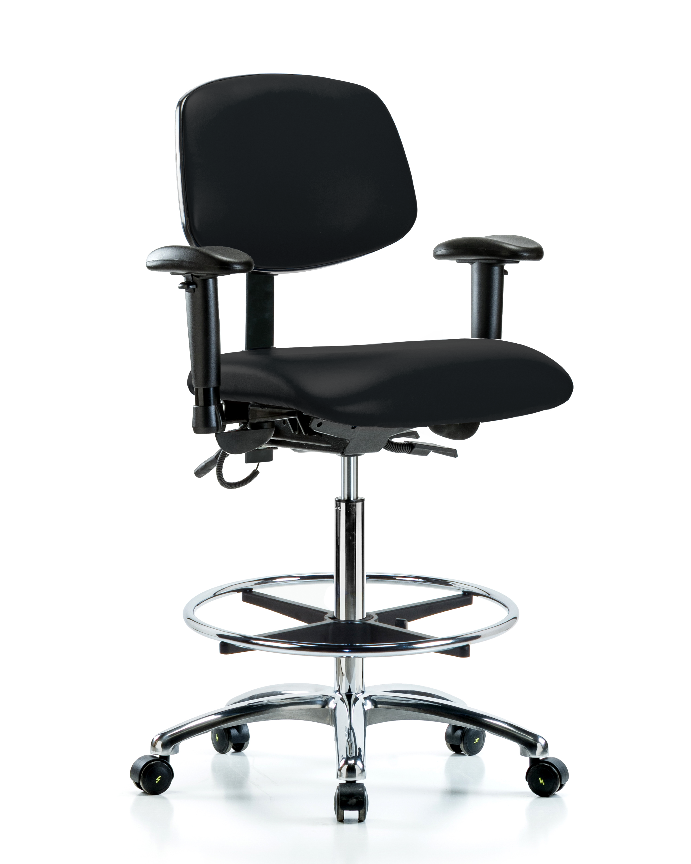 Vinyl ESD Chair - High Bench Height with Seat Tilt, Adjustable Arms, Chrome Foot Ring, & ESD Casters in ESD Black Vinyl