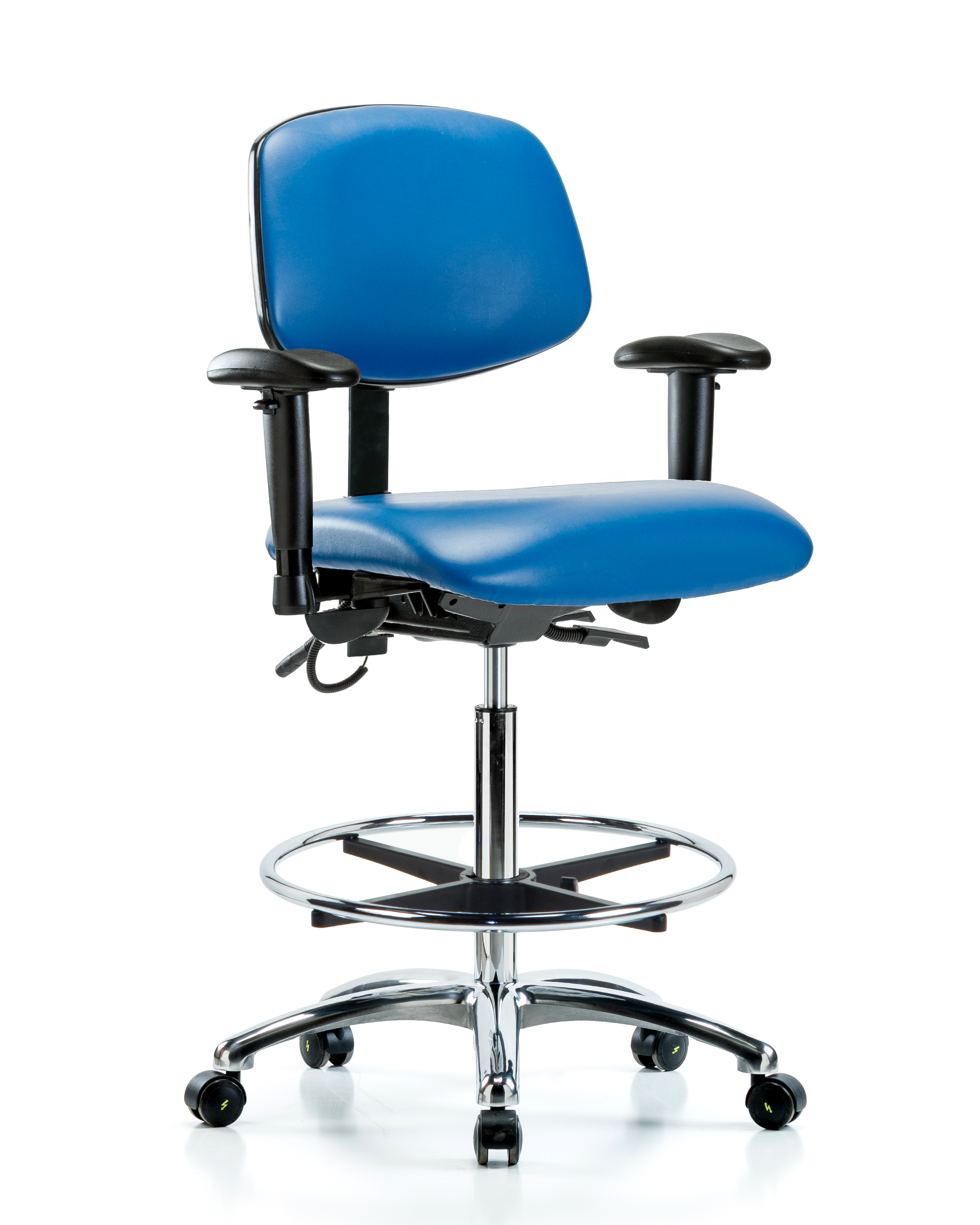 Vinyl ESD Chair - High Bench Height with Seat Tilt, Adjustable Arms, Chrome Foot Ring, & ESD Casters in ESD Black Vinyl
