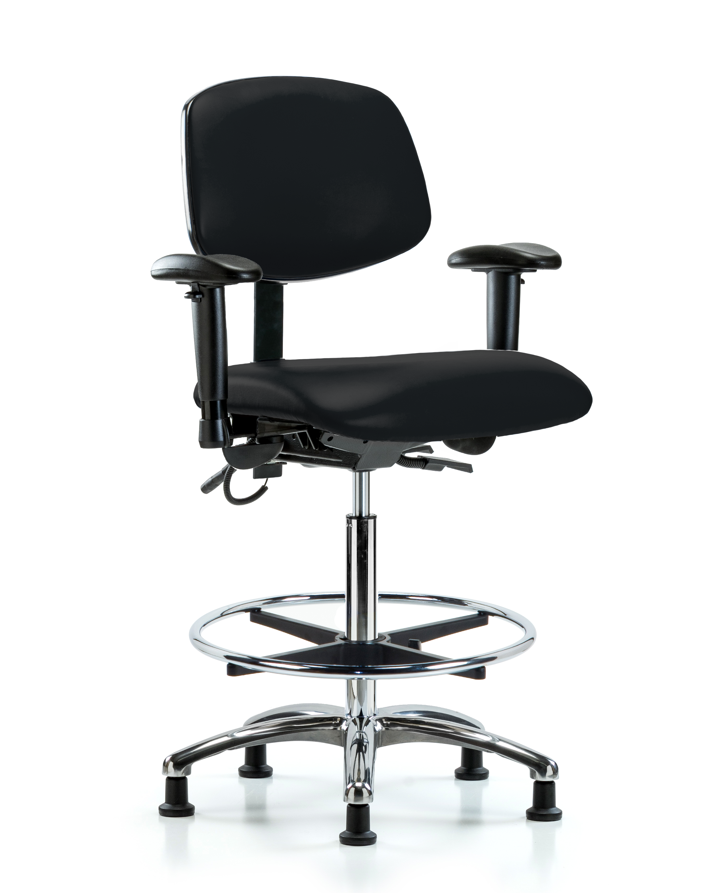 Vinyl ESD Chair - High Bench Height with Seat Tilt, Adjustable Arms, Chrome Foot Ring, & ESD Stationary Glides in ESD Blue Vinyl
