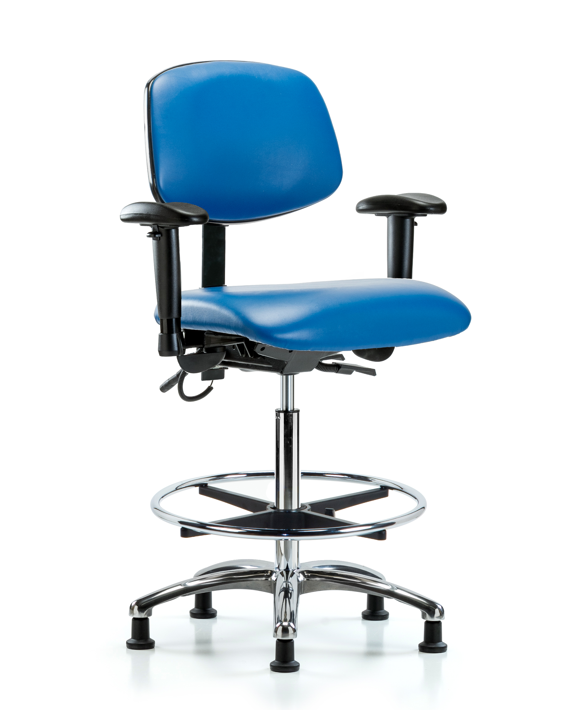 Vinyl ESD Chair - High Bench Height with Seat Tilt, Adjustable Arms, Chrome Foot Ring, & ESD Stationary Glides in ESD Blue Vinyl