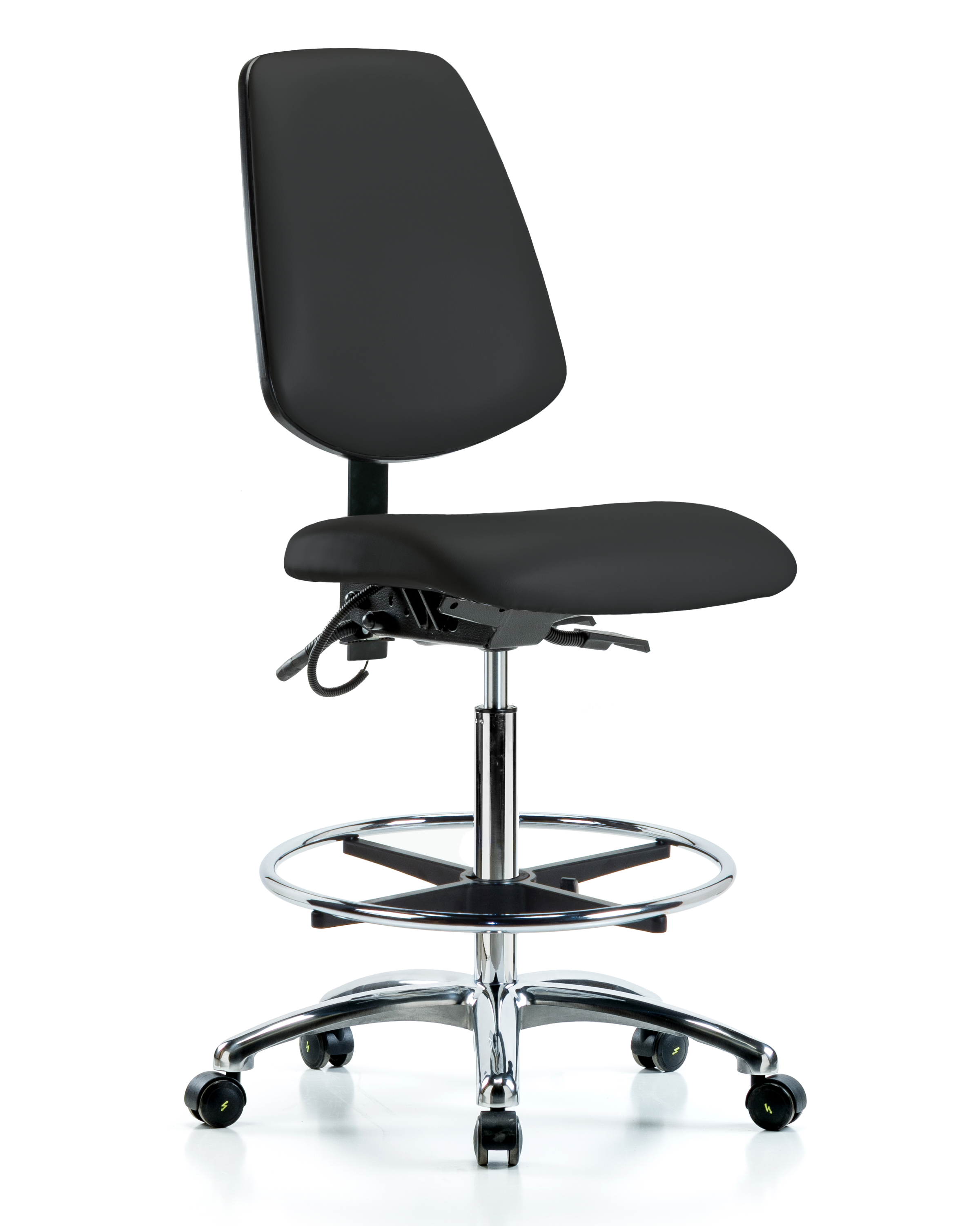 Vinyl ESD Chair - High Bench Height with Medium Back, Chrome Foot Ring, & ESD Casters in ESD Black Vinyl