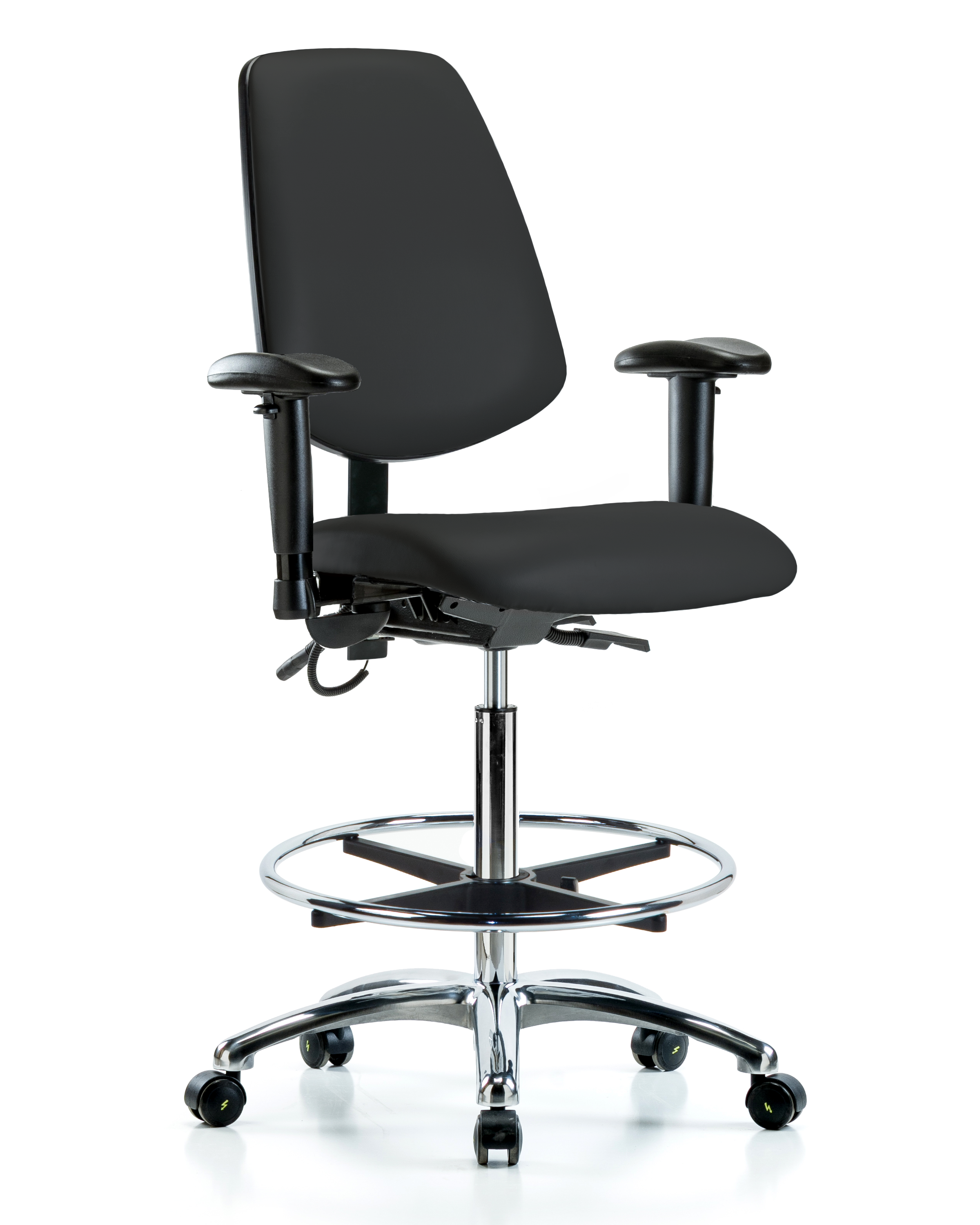 Vinyl ESD Chair - High Bench Height with Medium Back, Adjustable Arms, Chrome Foot Ring, & ESD Casters in ESD Black Vinyl