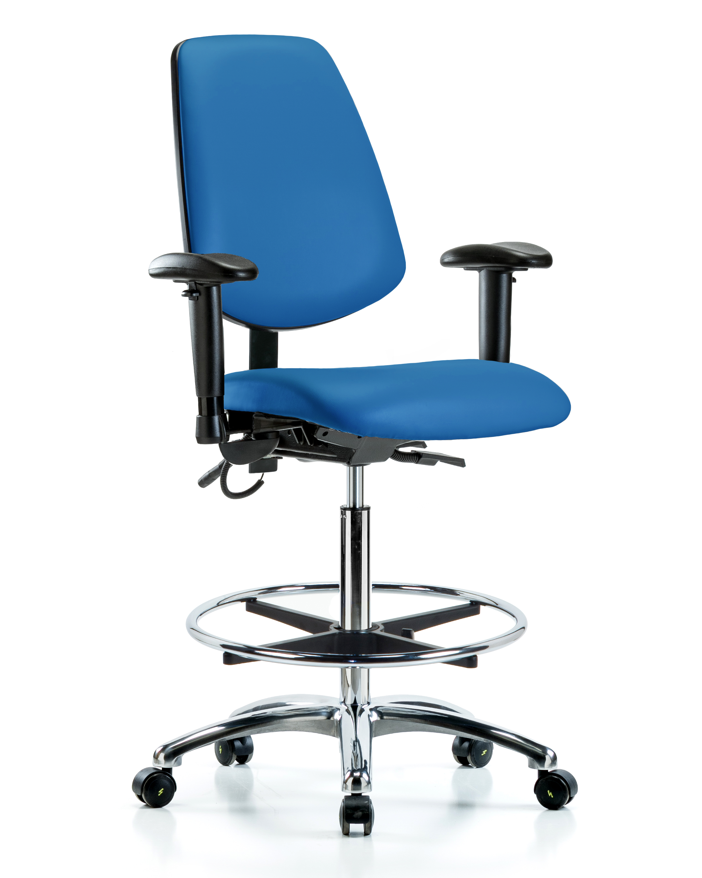 Vinyl ESD Chair - High Bench Height with Medium Back, Adjustable Arms, Chrome Foot Ring, & ESD Casters in ESD Black Vinyl