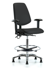 Vinyl ESD Chair - High Bench Height with Medium Back, Adjustable Arms, Chrome Foot Ring, & ESD Stationary Glides in ESD Black Vinyl
