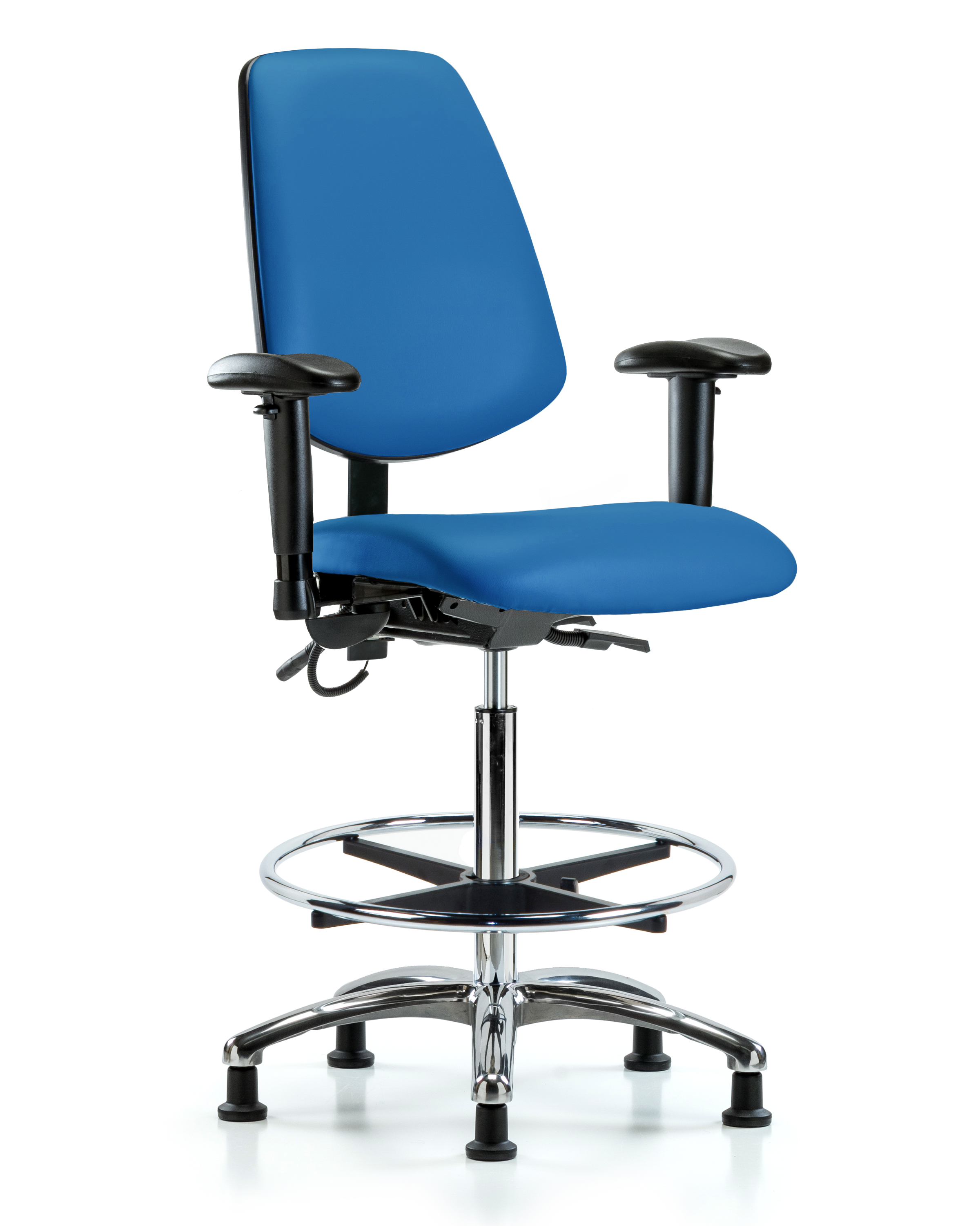 Vinyl ESD Chair - High Bench Height with Medium Back, Adjustable Arms, Chrome Foot Ring, & ESD Stationary Glides in ESD Black Vinyl