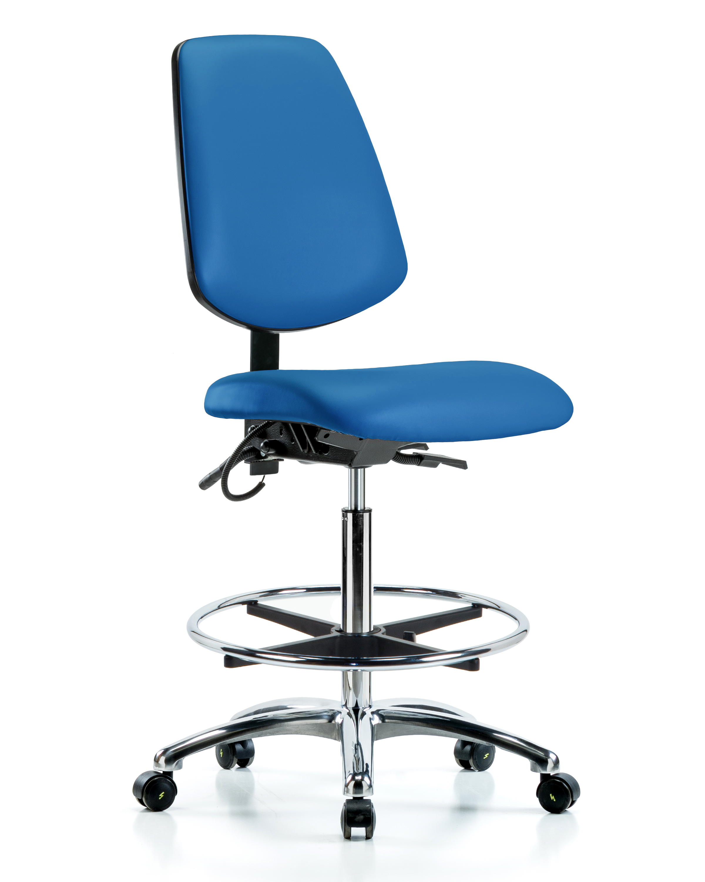 Vinyl ESD Chair - High Bench Height with Medium Back, Seat Tilt, Chrome Foot Ring, & ESD Casters in ESD Blue Vinyl