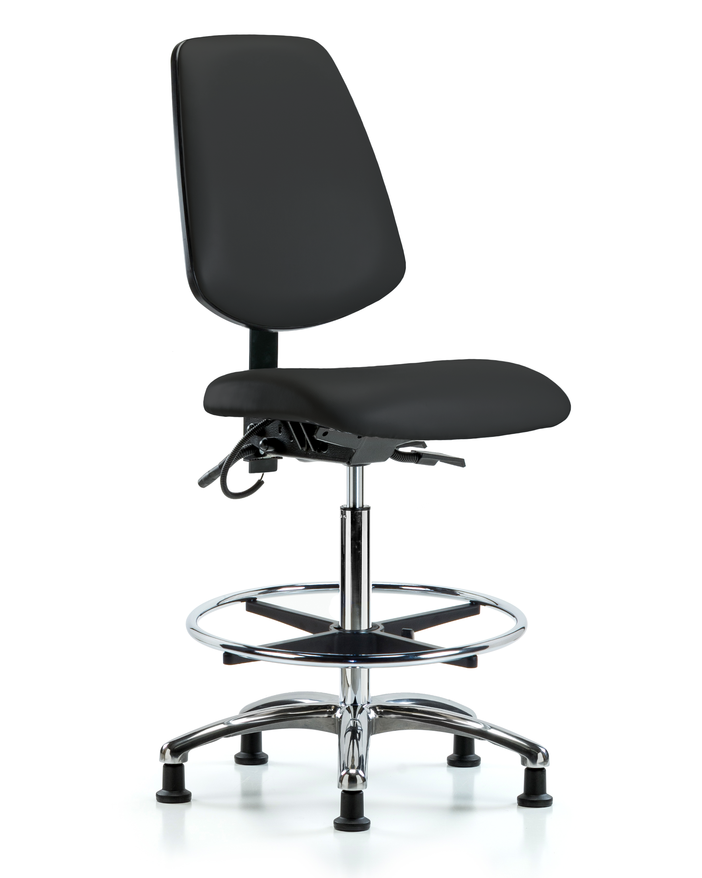 Vinyl ESD Chair - High Bench Height with Medium Back, Seat Tilt, Chrome Foot Ring, & ESD Stationary Glides in ESD Black Vinyl