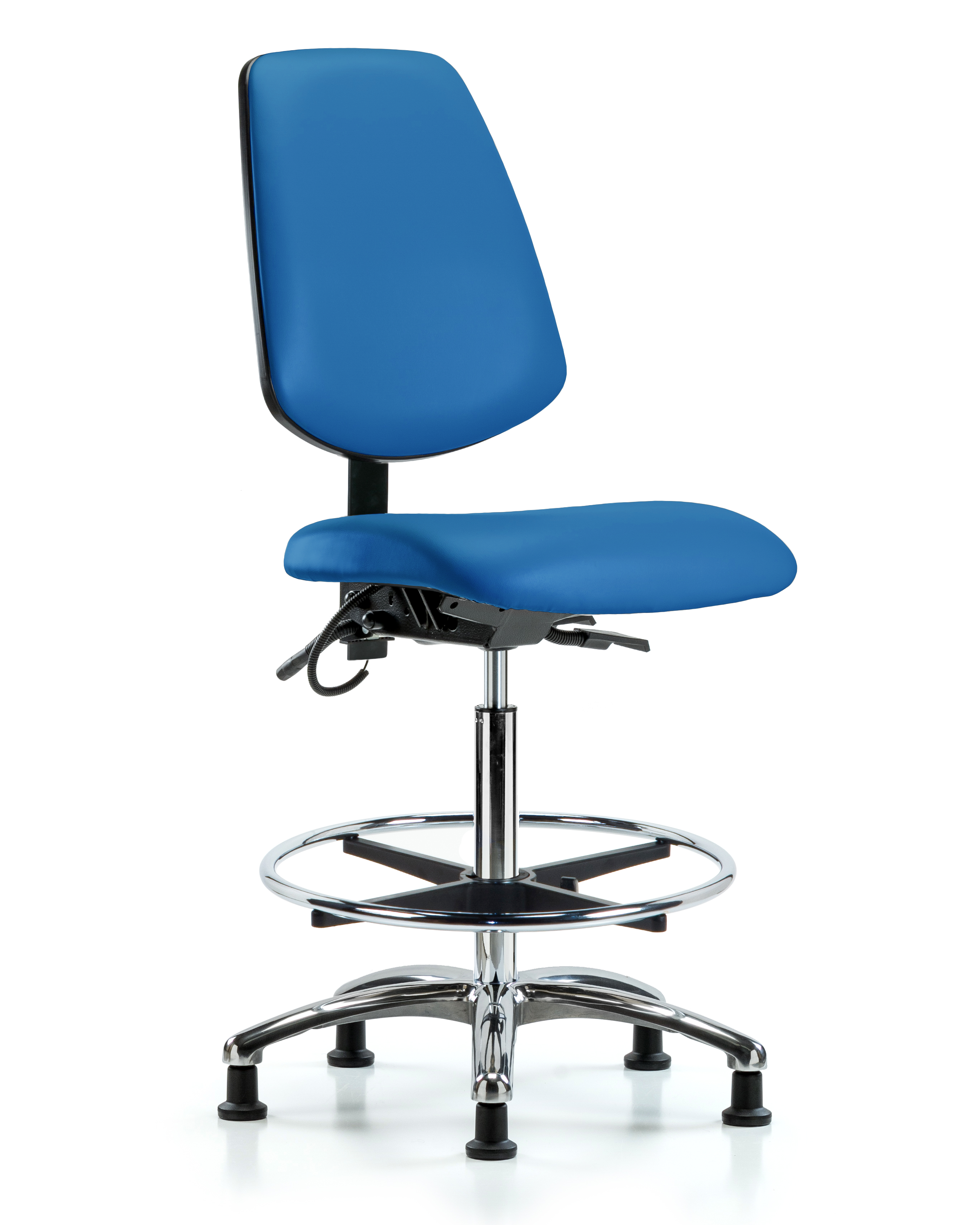 Vinyl ESD Chair - High Bench Height with Medium Back, Seat Tilt, Chrome Foot Ring, & ESD Stationary Glides in ESD Black Vinyl