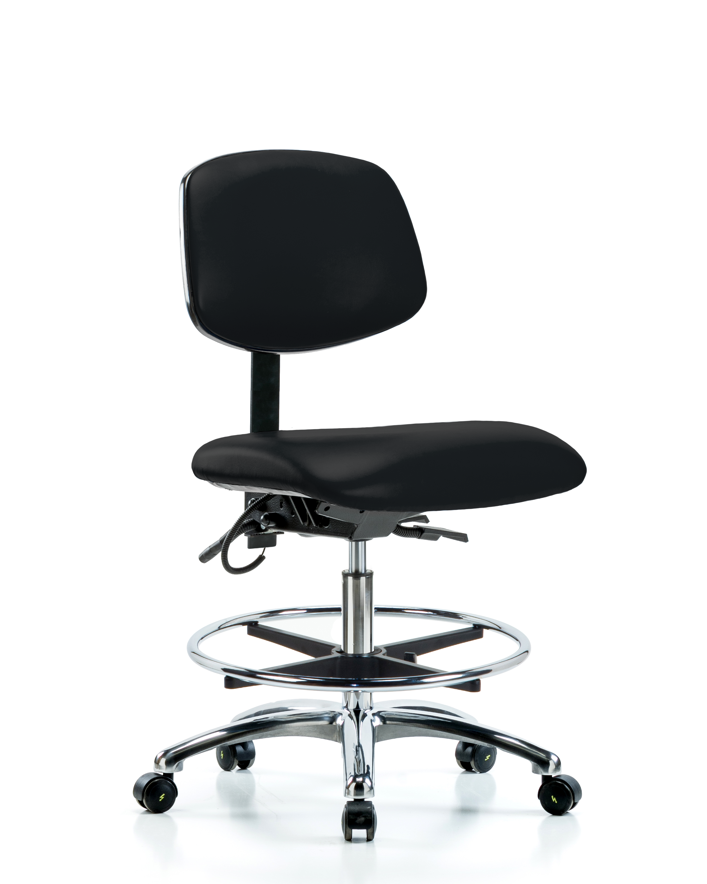 Vinyl ESD Chair - Medium Bench Height with Chrome Foot Ring & ESD Casters in ESD Black Vinyl