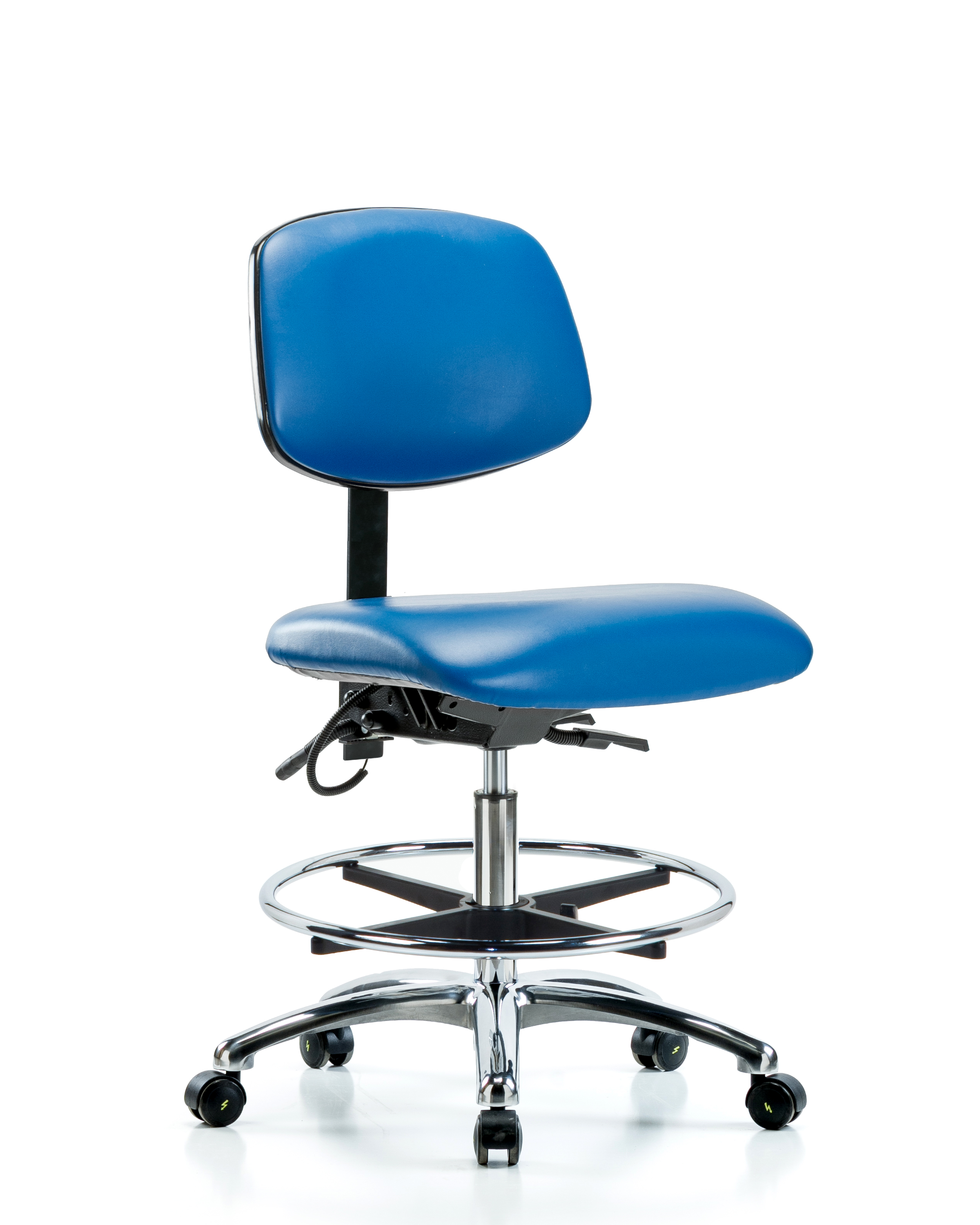 Vinyl ESD Chair - Medium Bench Height with Chrome Foot Ring & ESD Casters in ESD Black Vinyl